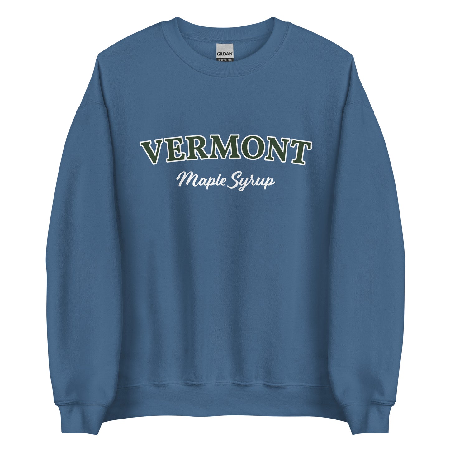 Indigo Blue Vermont Maple Syrup Sweatshirt from Nina's Funky Shop by ninanush - Love real maple syrup? Need a fun New England Gift? Our Vermont Maple Syrup Sweatshirt is just for you. It's a funny foodie sweatshirt for maple syrup lovers and foodies of all kinds. This unisex, crew neck sweatshirt has "Vermont Maple Syrup" on the front. The perfect Vermont Sweatshirt for maple syrup enthusiasts.