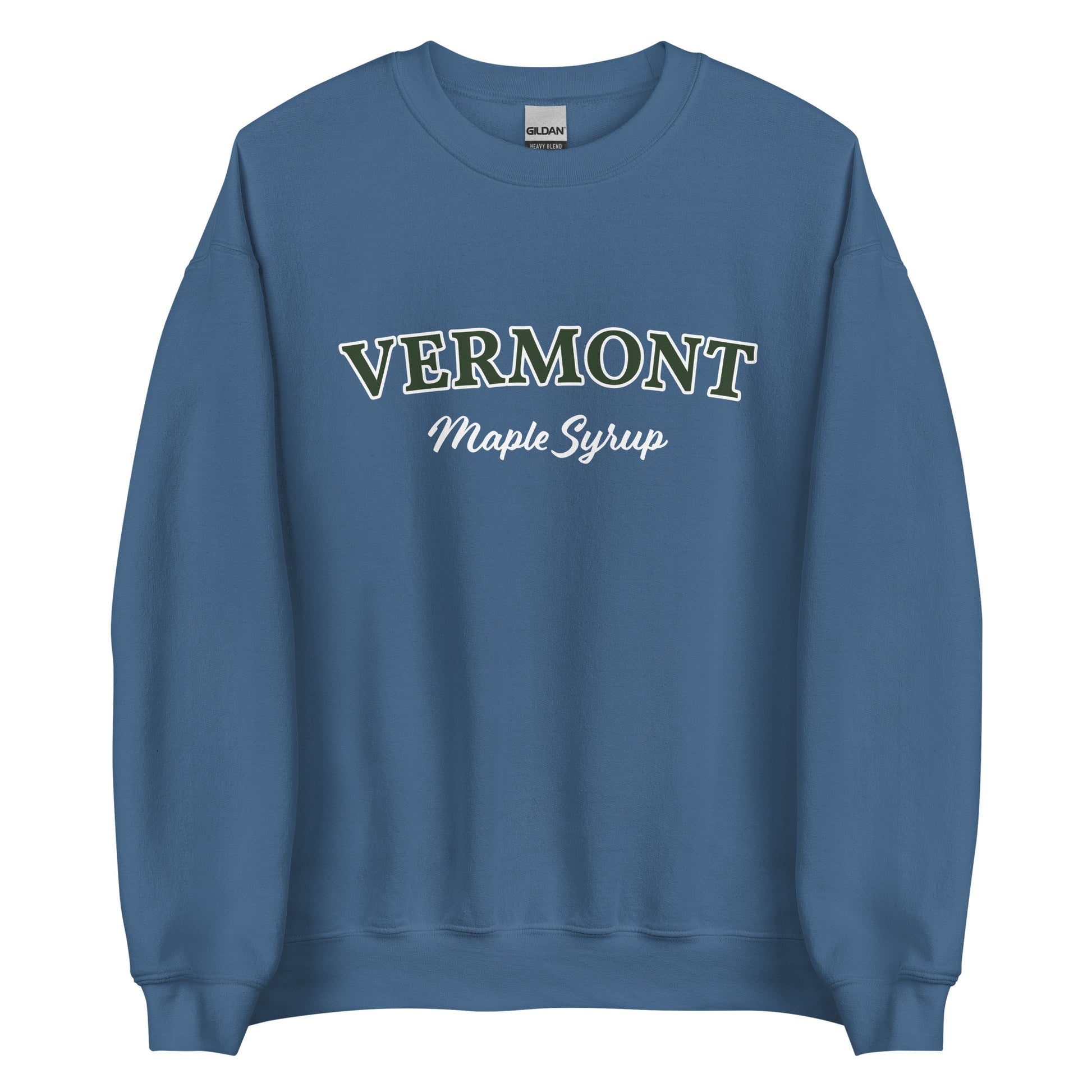 Indigo Blue Vermont Maple Syrup Sweatshirt from Nina's Funky Shop by ninanush - Love real maple syrup? Need a fun New England Gift? Our Vermont Maple Syrup Sweatshirt is just for you. It's a funny foodie sweatshirt for maple syrup lovers and foodies of all kinds. This unisex, crew neck sweatshirt has "Vermont Maple Syrup" on the front. The perfect Vermont Sweatshirt for maple syrup enthusiasts.