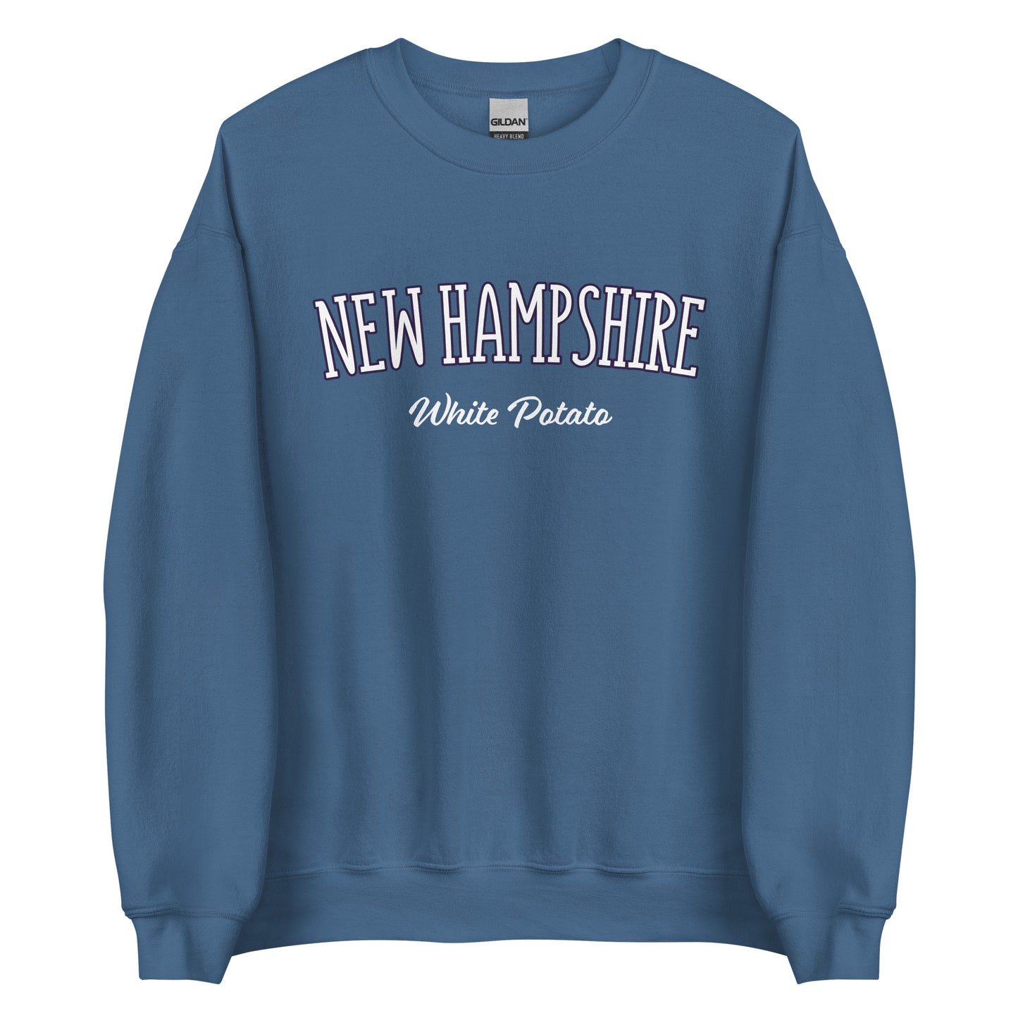 Indigo Blue New Hampshire White Potato Sweatshirt from Nina's Funky Shop by ninanush - Do you love white potatoes? Looking for a funny New Hampshire gift? Introducing our New Hampshire White Potato Sweatshirt! It's a unique New Hampshire sweatshirt for white potato lovers and New Englanders of all kinds. This unisex, crew neck sweatshirt is perfect for cozy New England nights in or stand out streetwear.