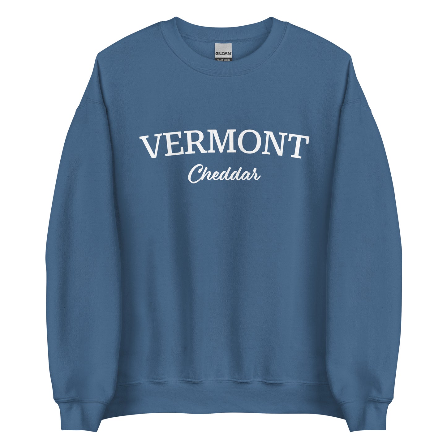 Indigo Blue Vermont Cheddar Sweatshirt from Nina's Funky Shop by ninanush - Do you love cheddar cheese? Looking for a food themed gift? Introducing our Vermont Cheddar Sweatshirt! It's a New England foodie sweatshirt for cheddar cheese lovers like you. This Vermont varsity sweatshirt is unisex and perfect for Vermonters. It's a cheddar enthusiast sweatshirt is designed by Nina and made just for you.