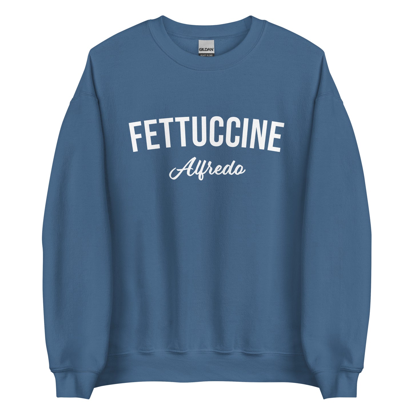 Indigo Blue Fettuccine Alfredo Sweatshirt from Nina's Funky Shop by ninanush - Love fettuccine Alfredo? Looking for the perfect funny foodie gift? Introducing our Fettuccine Alfredo Sweatshirt. It's a unisex, varsity crew neck sweatshirt with "Fettuccine Alfredo", expertly printed on the front. For cozy nights in or stand out quirky streetwear, this pasta enthusiast sweatshirt is just what you need.