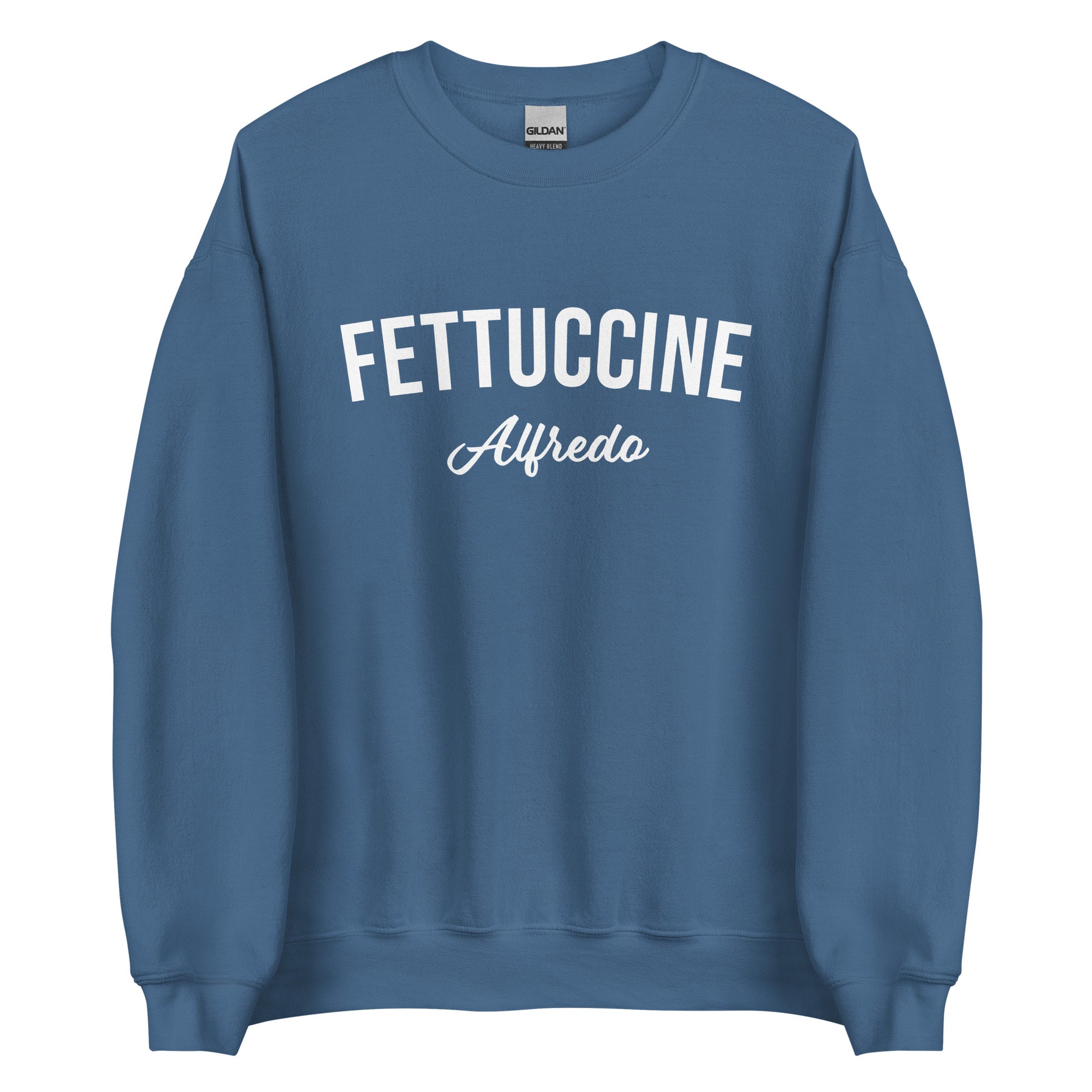 Indigo Blue Fettuccine Alfredo Sweatshirt from Nina's Funky Shop by ninanush - Love fettuccine Alfredo? Looking for the perfect funny foodie gift? Introducing our Fettuccine Alfredo Sweatshirt. It's a unisex, varsity crew neck sweatshirt with "Fettuccine Alfredo", expertly printed on the front. For cozy nights in or stand out quirky streetwear, this pasta enthusiast sweatshirt is just what you need.