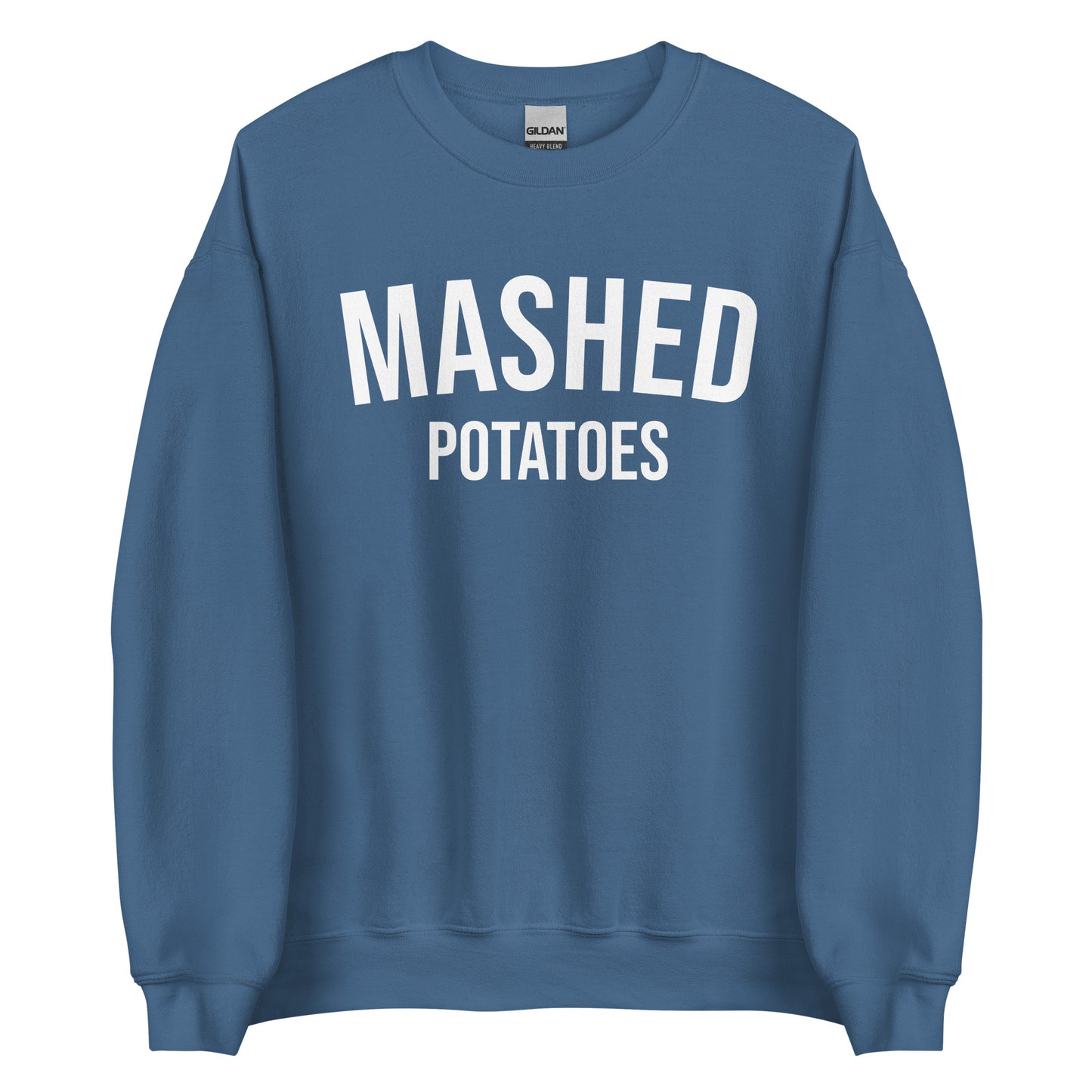 Indigo Blue Mashed Potatoes Crewneck Sweatshirt from Nina's Funky Shop by ninanush - Do you love mashed potatoes? Looking for a funny foodie gift for a friend? Our Mashed Potatoes Crewneck Sweatshirt is soft, comfortable and just what you need. It's a unisex, varsity style, potato lover sweatshirt with "Mashed Potatoes" on the front. Show off your love of mashed potatoes in this funny holiday food sweatshirt.
