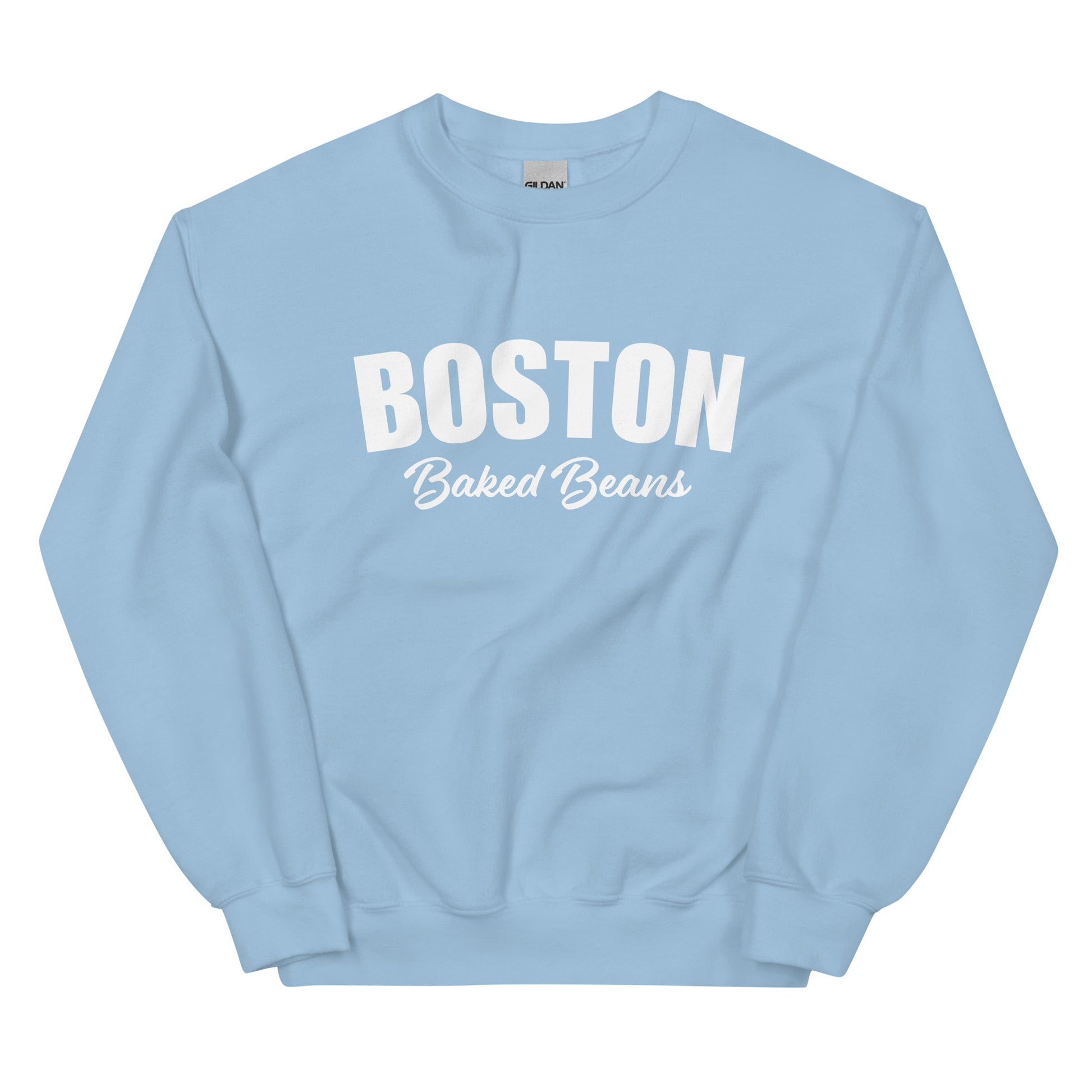 Light Blue Boston Baked Beans Sweatshirt from Nina's Funky Shop by ninanush - Fan of Boston Baked Beans? Need a fun gift for a New Englander? Introducing our Boston Baked Beans Sweatshirt! It's a funny foodie sweatshirt for Baked Beans. This unisex, varsity sweatshirt comes in a variety of colors with the words "Boston Baked Beans" on the front. Eat baked beans in style in this foodie sweatshirt.