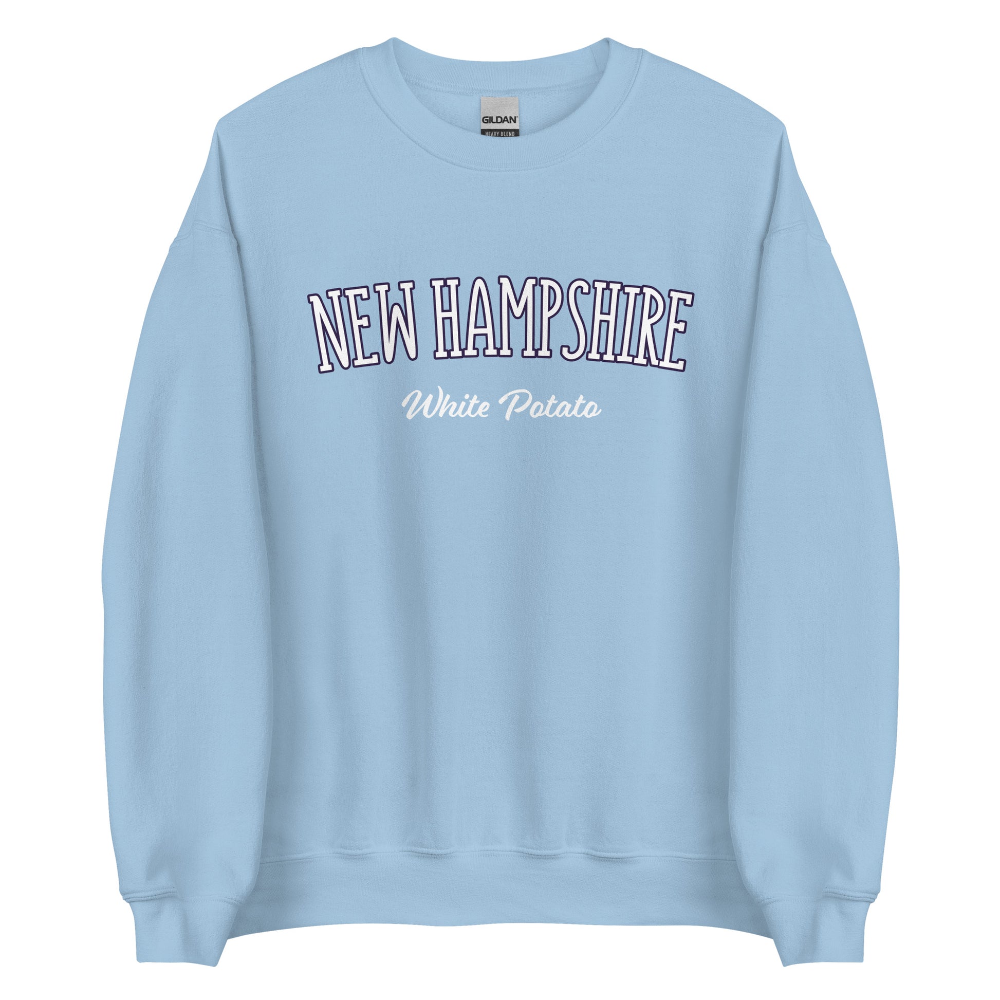 Light blue New Hampshire White Potato Sweatshirt from Nina's Funky Shop by ninanush - Do you love white potatoes? Looking for a funny New Hampshire gift? Introducing our New Hampshire White Potato Sweatshirt! It's a unique New Hampshire sweatshirt for white potato lovers and New Englanders of all kinds. This unisex, crew neck sweatshirt is perfect for cozy New England nights in or stand out streetwear.