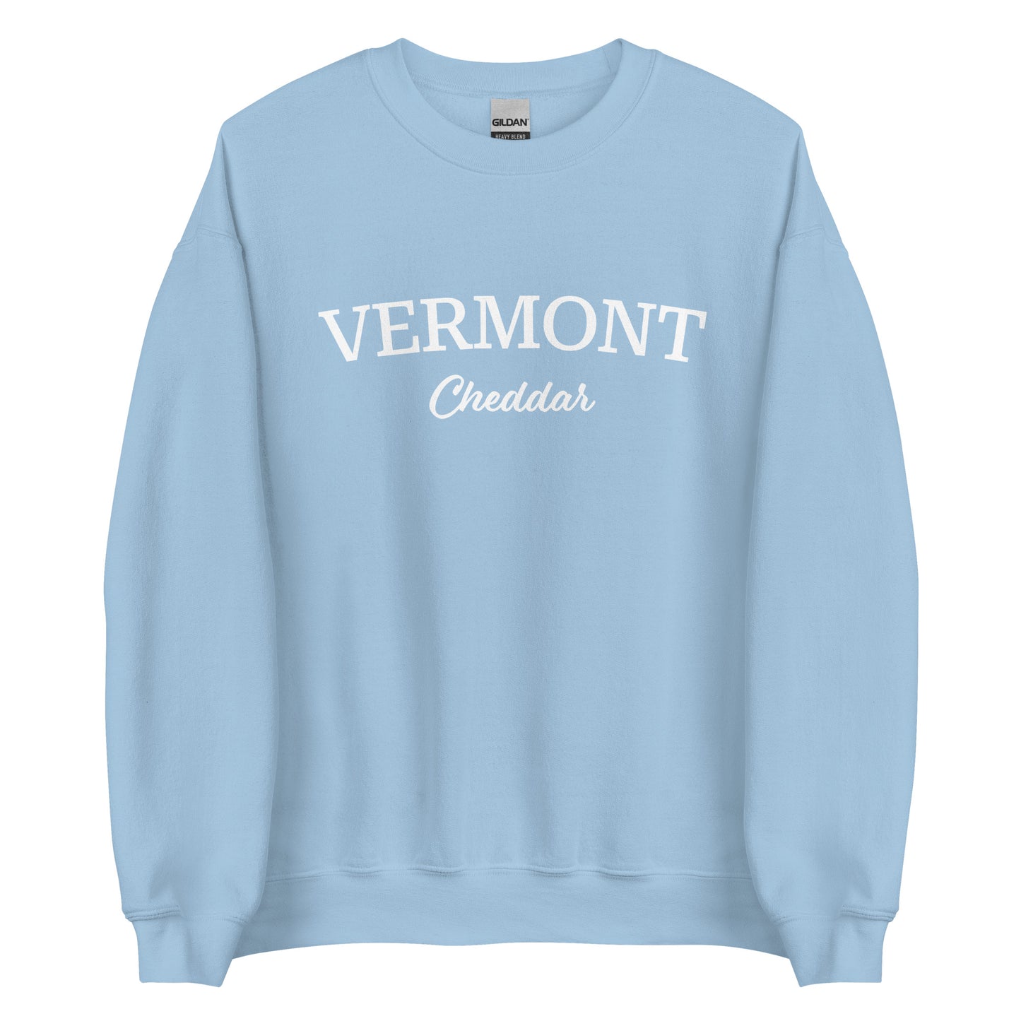 Blue Vermont Cheddar Sweatshirt from Nina's Funky Shop by ninanush - Do you love cheddar cheese? Looking for a food themed gift? Introducing our Vermont Cheddar Sweatshirt! It's a New England foodie sweatshirt for cheddar cheese lovers like you. This Vermont varsity sweatshirt is unisex and perfect for Vermonters. It's a cheddar enthusiast sweatshirt is designed by Nina and made just for you.