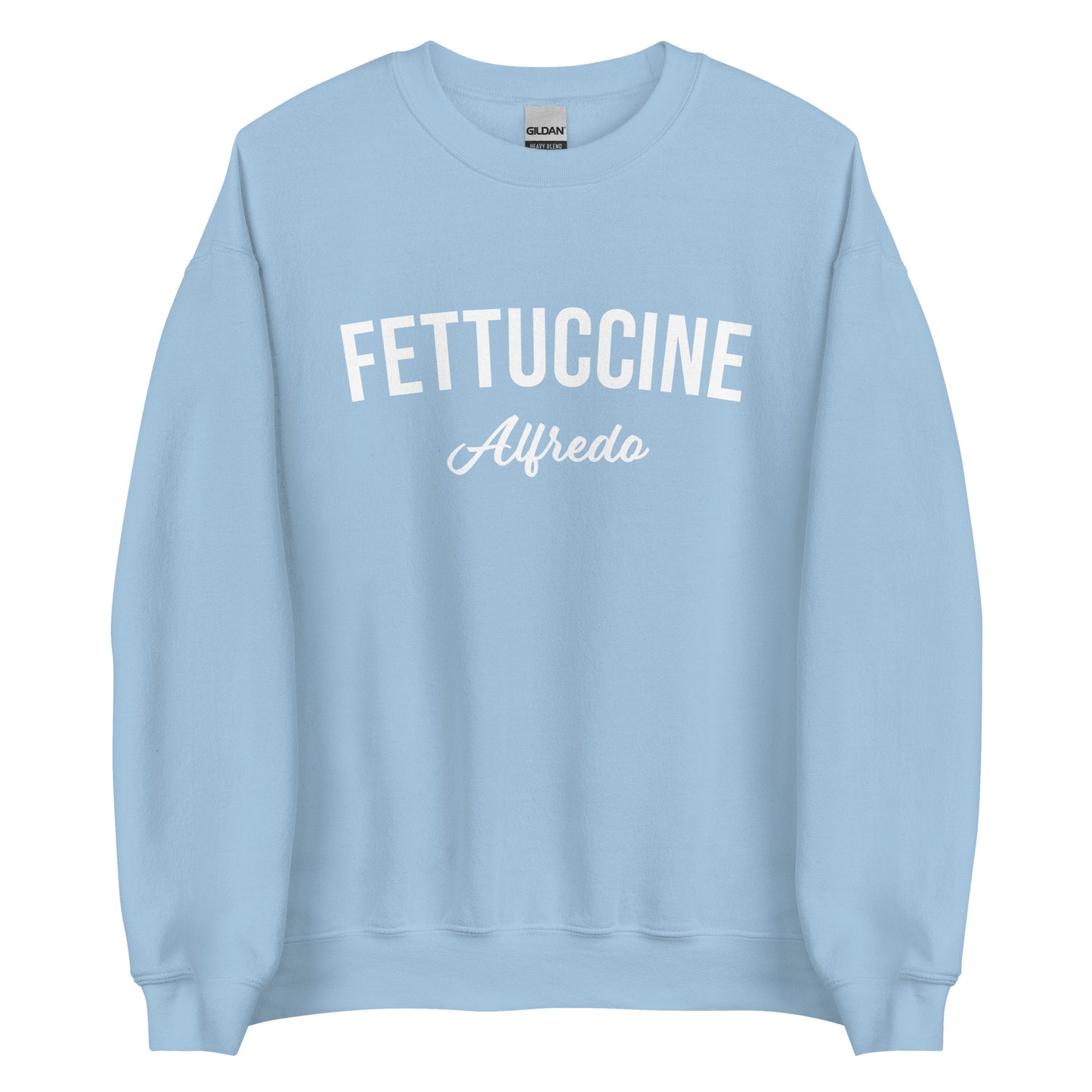 Light Blue Fettuccine Alfredo Sweatshirt from Nina's Funky Shop by ninanush - Love fettuccine Alfredo? Looking for the perfect funny foodie gift? Introducing our Fettuccine Alfredo Sweatshirt. It's a unisex, varsity crew neck sweatshirt with "Fettuccine Alfredo", expertly printed on the front. For cozy nights in or stand out quirky streetwear, this pasta enthusiast sweatshirt is just what you need.