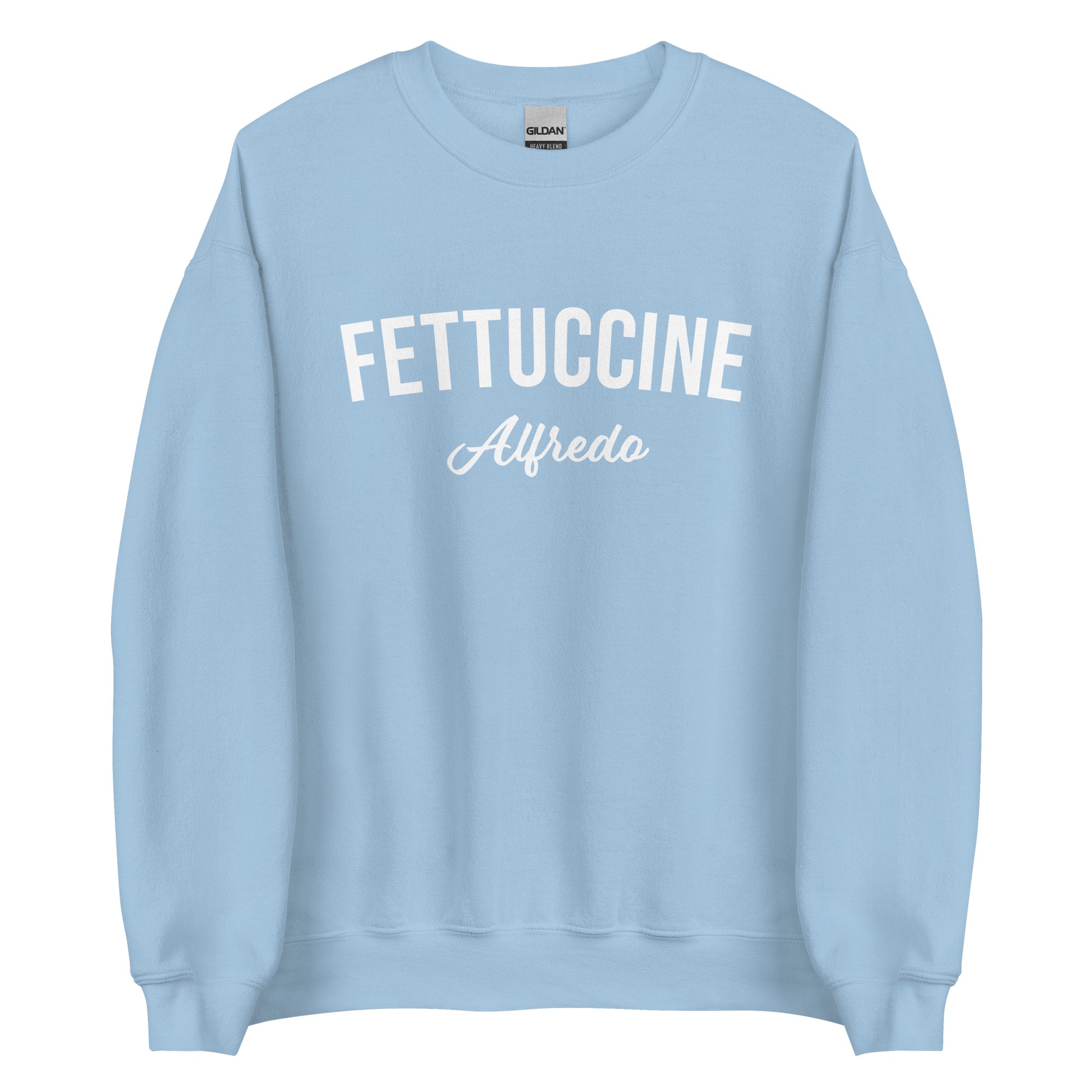 Light Blue Fettuccine Alfredo Sweatshirt from Nina's Funky Shop by ninanush - Love fettuccine Alfredo? Looking for the perfect funny foodie gift? Introducing our Fettuccine Alfredo Sweatshirt. It's a unisex, varsity crew neck sweatshirt with "Fettuccine Alfredo", expertly printed on the front. For cozy nights in or stand out quirky streetwear, this pasta enthusiast sweatshirt is just what you need.