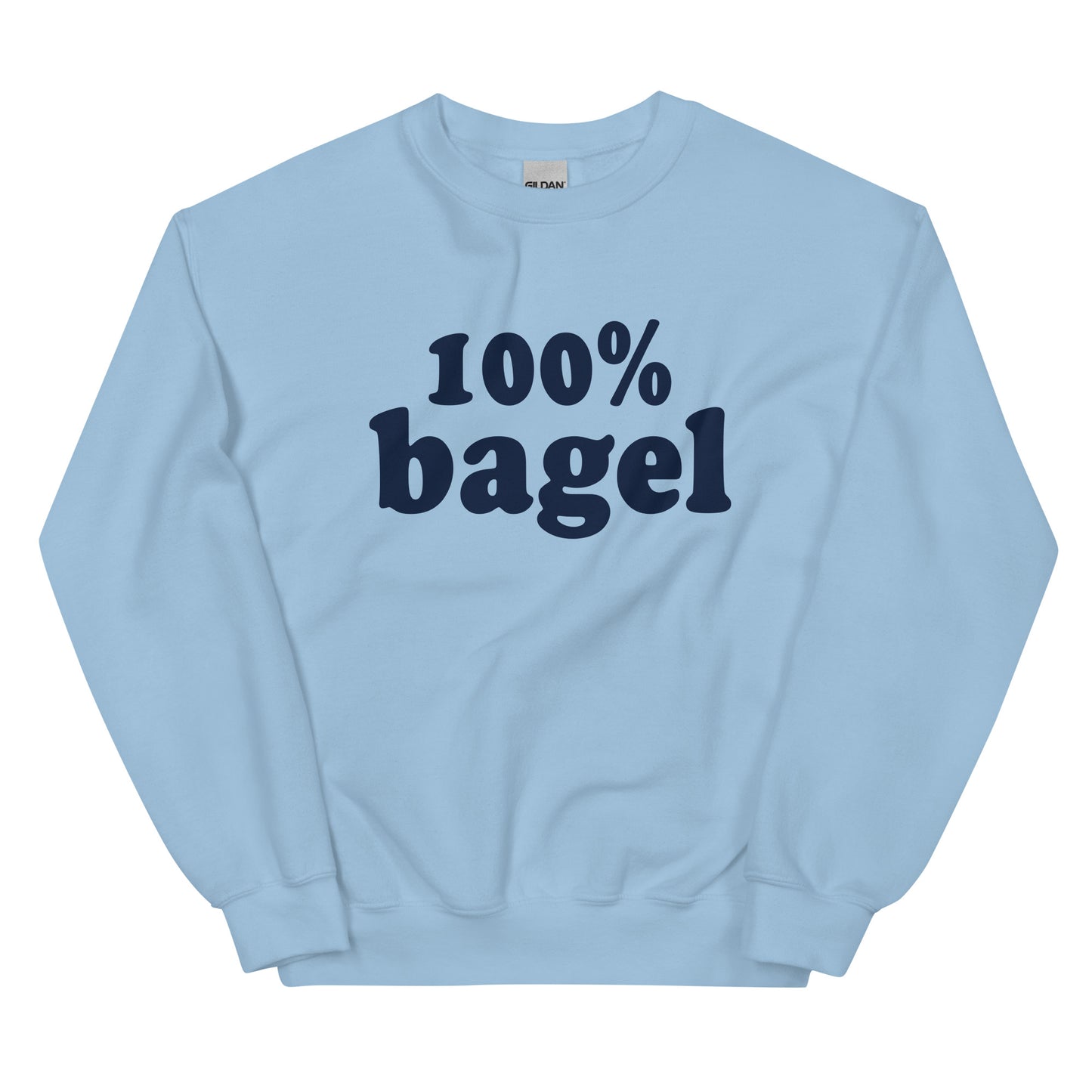 Light Blue Bagel Sweatshirt - Love bagels? Looking for a gift for a bagel enthusiast? Our 100% Bagel Sweatshirt is soft, cozy and made just for you! It's a funny sweatshirt for bagel lovers, expertly printed and perfect for everyday streetwear. Eat your favorite bagels in style in our bagel crewneck sweeatshirt. 

