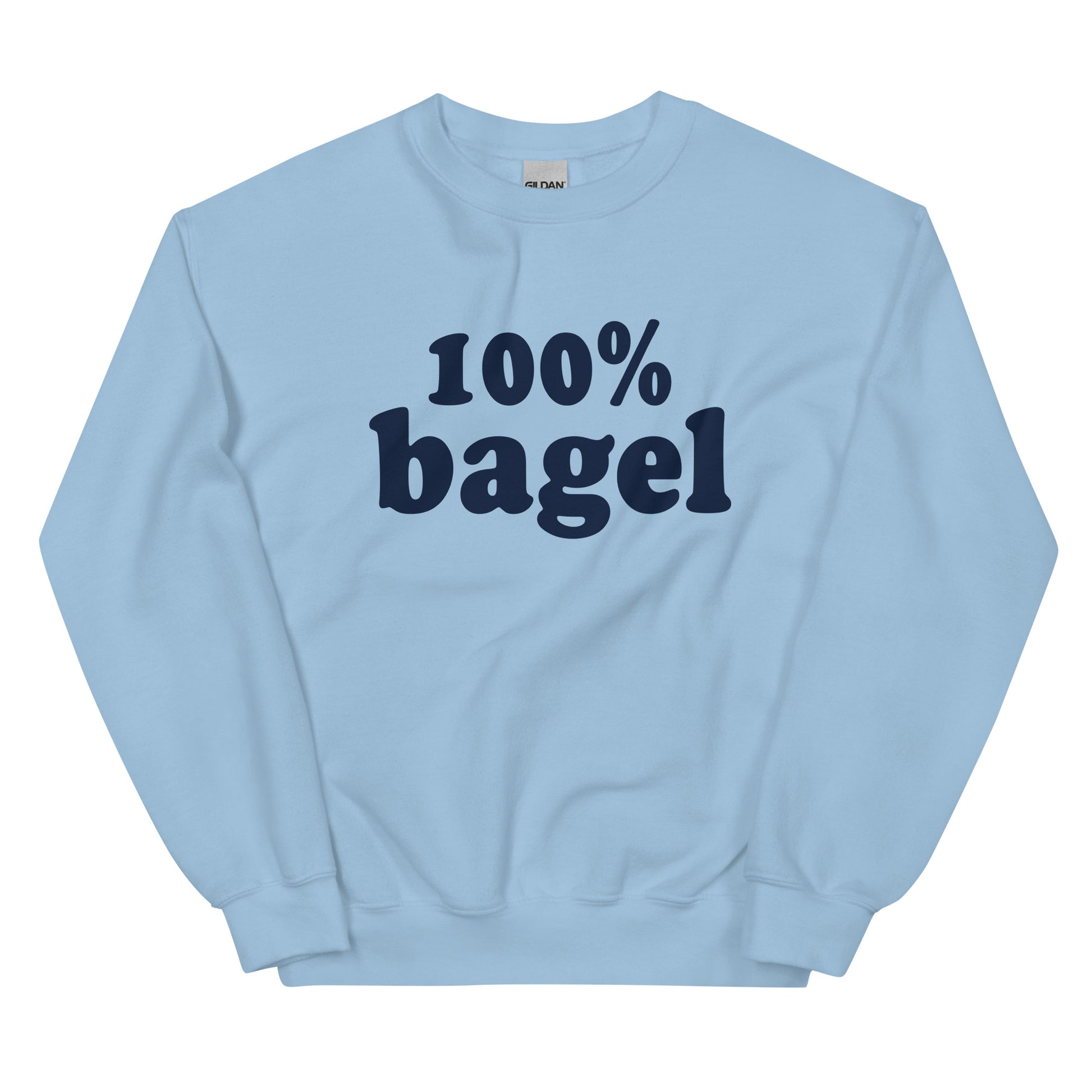 Light Blue Bagel Sweatshirt - Love bagels? Looking for a gift for a bagel enthusiast? Our 100% Bagel Sweatshirt is soft, cozy and made just for you! It's a funny sweatshirt for bagel lovers, expertly printed and perfect for everyday streetwear. Eat your favorite bagels in style in our bagel crewneck sweeatshirt. 
