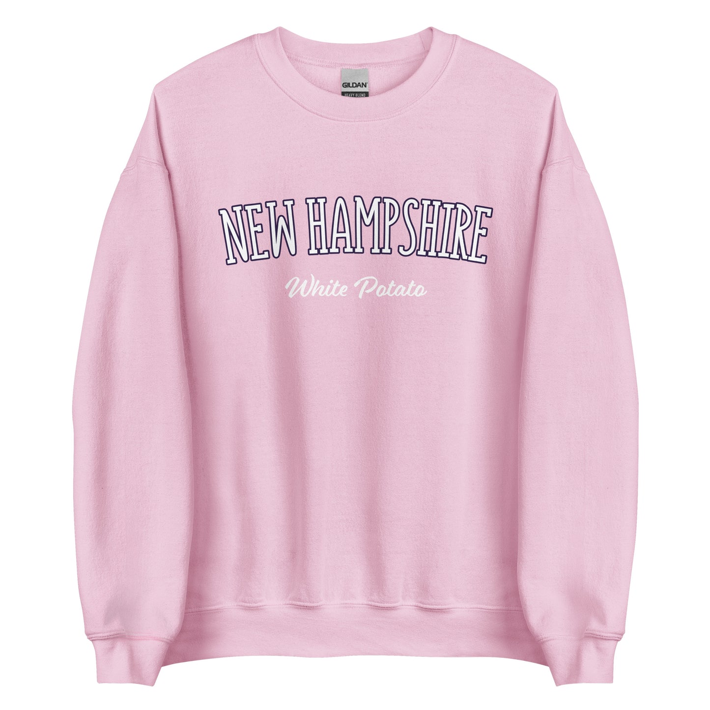 Light Pink New Hampshire White Potato Sweatshirt from Nina's Funky Shop by ninanush - Do you love white potatoes? Looking for a funny New Hampshire gift? Introducing our New Hampshire White Potato Sweatshirt! It's a unique New Hampshire sweatshirt for white potato lovers and New Englanders of all kinds. This unisex, crew neck sweatshirt is perfect for cozy New England nights in or stand out streetwear.