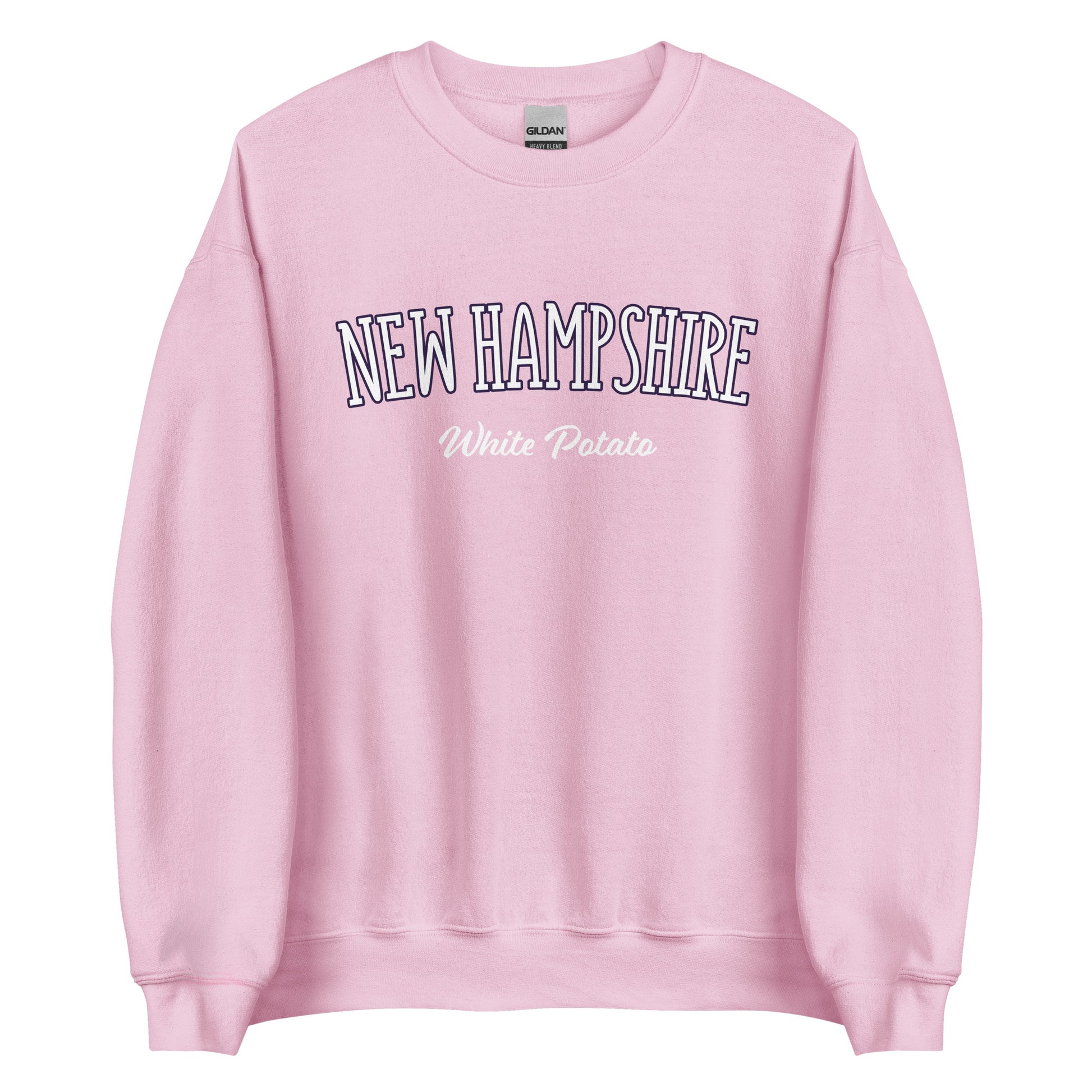 Light Pink New Hampshire White Potato Sweatshirt from Nina's Funky Shop by ninanush - Do you love white potatoes? Looking for a funny New Hampshire gift? Introducing our New Hampshire White Potato Sweatshirt! It's a unique New Hampshire sweatshirt for white potato lovers and New Englanders of all kinds. This unisex, crew neck sweatshirt is perfect for cozy New England nights in or stand out streetwear.