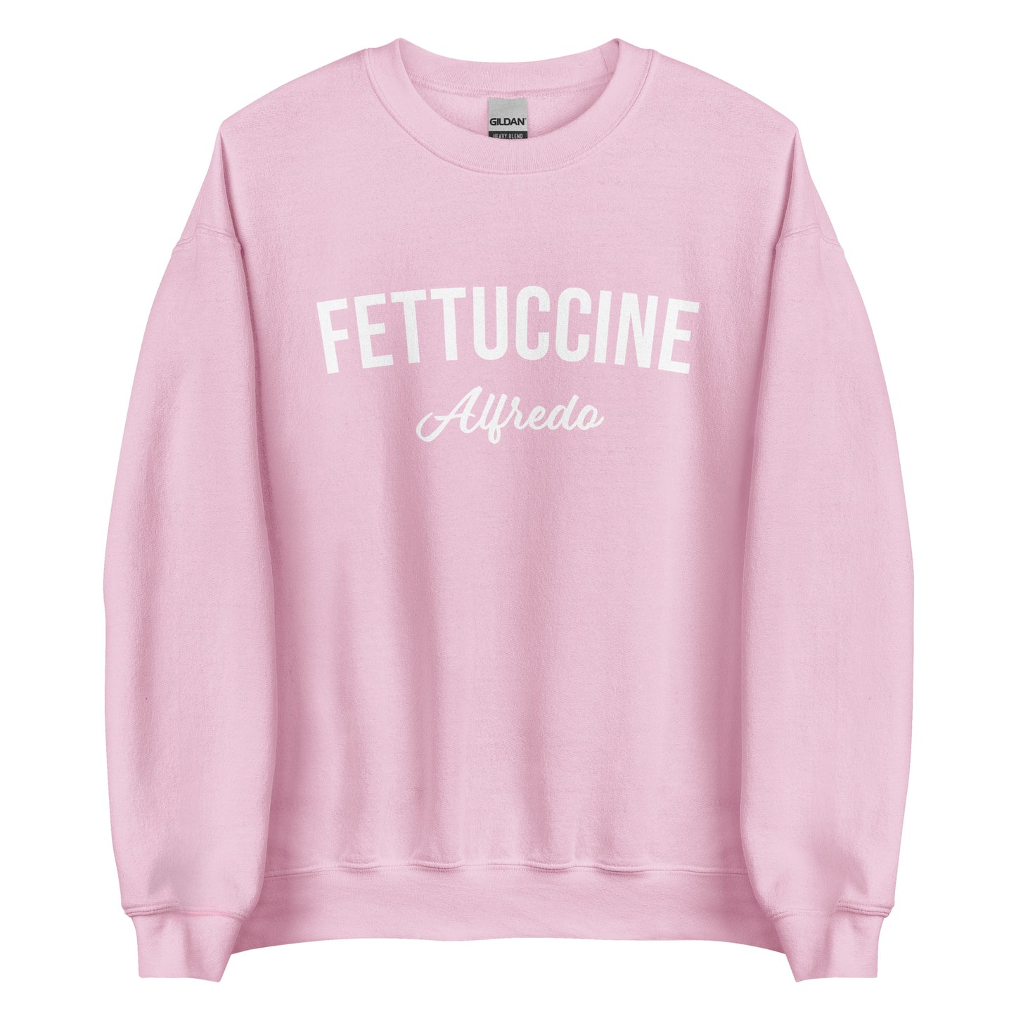Pink Fettuccine Alfredo Sweatshirt from Nina's Funky Shop by ninanush - Love fettuccine Alfredo? Looking for the perfect funny foodie gift? Introducing our Fettuccine Alfredo Sweatshirt. It's a unisex, varsity crew neck sweatshirt with "Fettuccine Alfredo", expertly printed on the front. For cozy nights in or stand out quirky streetwear, this pasta enthusiast sweatshirt is just what you need.