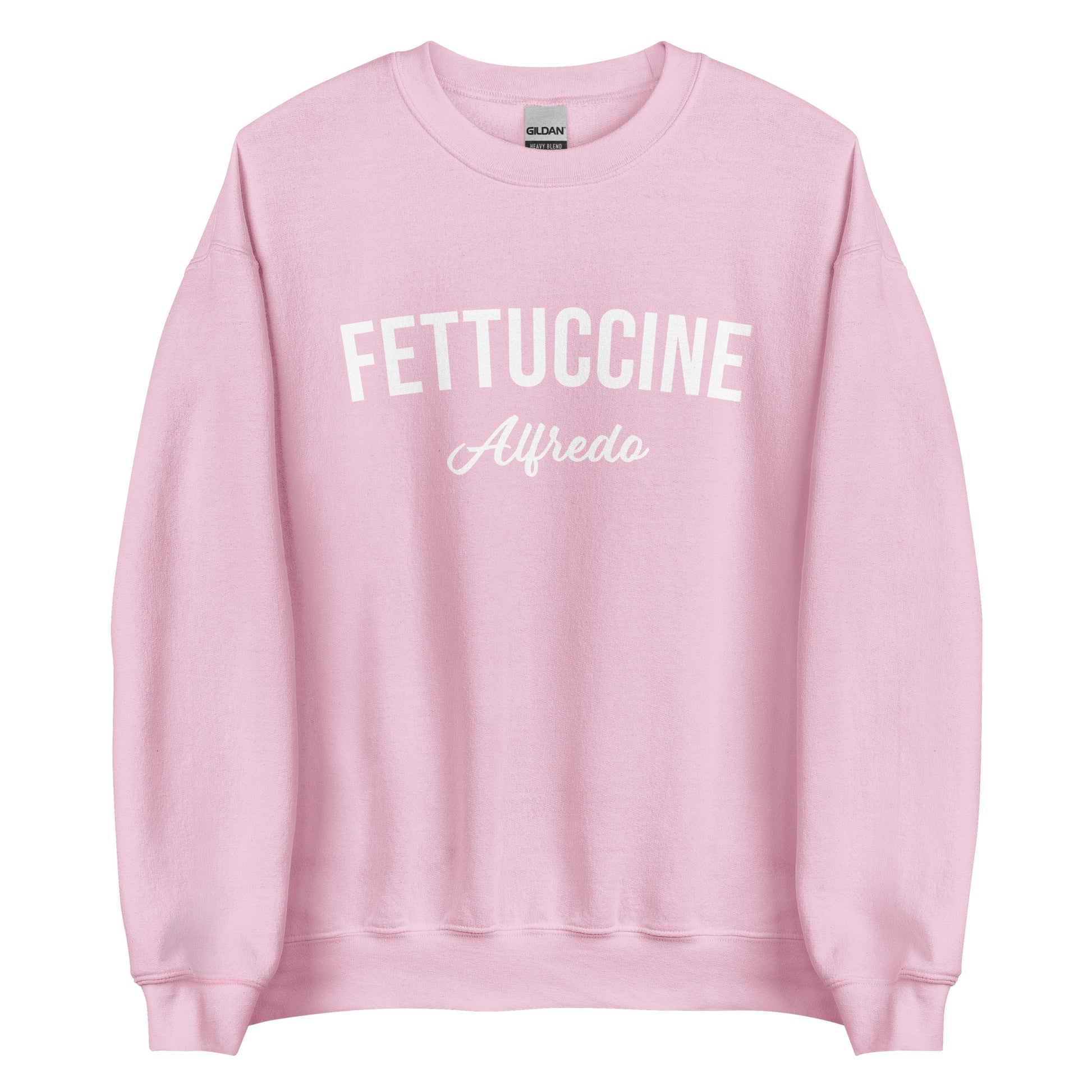 Pink Fettuccine Alfredo Sweatshirt from Nina's Funky Shop by ninanush - Love fettuccine Alfredo? Looking for the perfect funny foodie gift? Introducing our Fettuccine Alfredo Sweatshirt. It's a unisex, varsity crew neck sweatshirt with "Fettuccine Alfredo", expertly printed on the front. For cozy nights in or stand out quirky streetwear, this pasta enthusiast sweatshirt is just what you need.