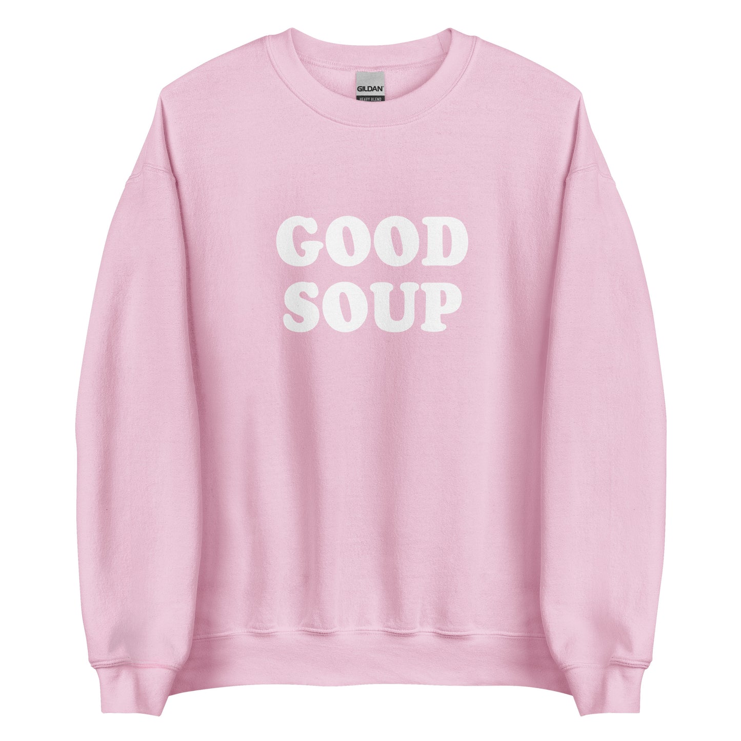 Light Pink Good Soup Sweatshirt from Nina's Funky Shop by ninanush - Do you love soup? Looking for a funny gift? Our Good Soup Crewneck Sweatshirt is soft, comfortable and just what you need. It's a unisex sweatshirt that comes in a variety of colors with "Good Soup", expertly printed on the front. A unique and funny sweatshirt for cozy nights in or stand out Soup Lover streetwear. This quirky sweatshirt is designed by Nina and made just for you.