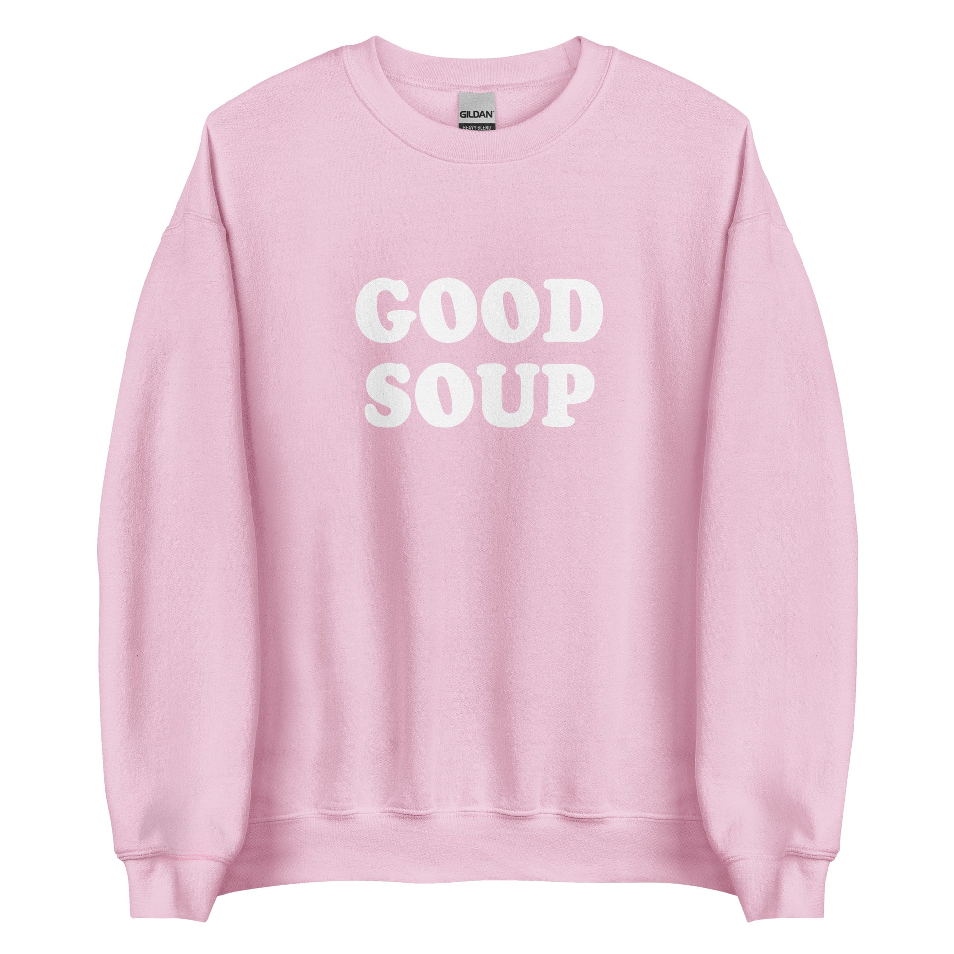 Light Pink Good Soup Sweatshirt from Nina's Funky Shop by ninanush - Do you love soup? Looking for a funny gift? Our Good Soup Crewneck Sweatshirt is soft, comfortable and just what you need. It's a unisex sweatshirt that comes in a variety of colors with "Good Soup", expertly printed on the front. A unique and funny sweatshirt for cozy nights in or stand out Soup Lover streetwear. This quirky sweatshirt is designed by Nina and made just for you.