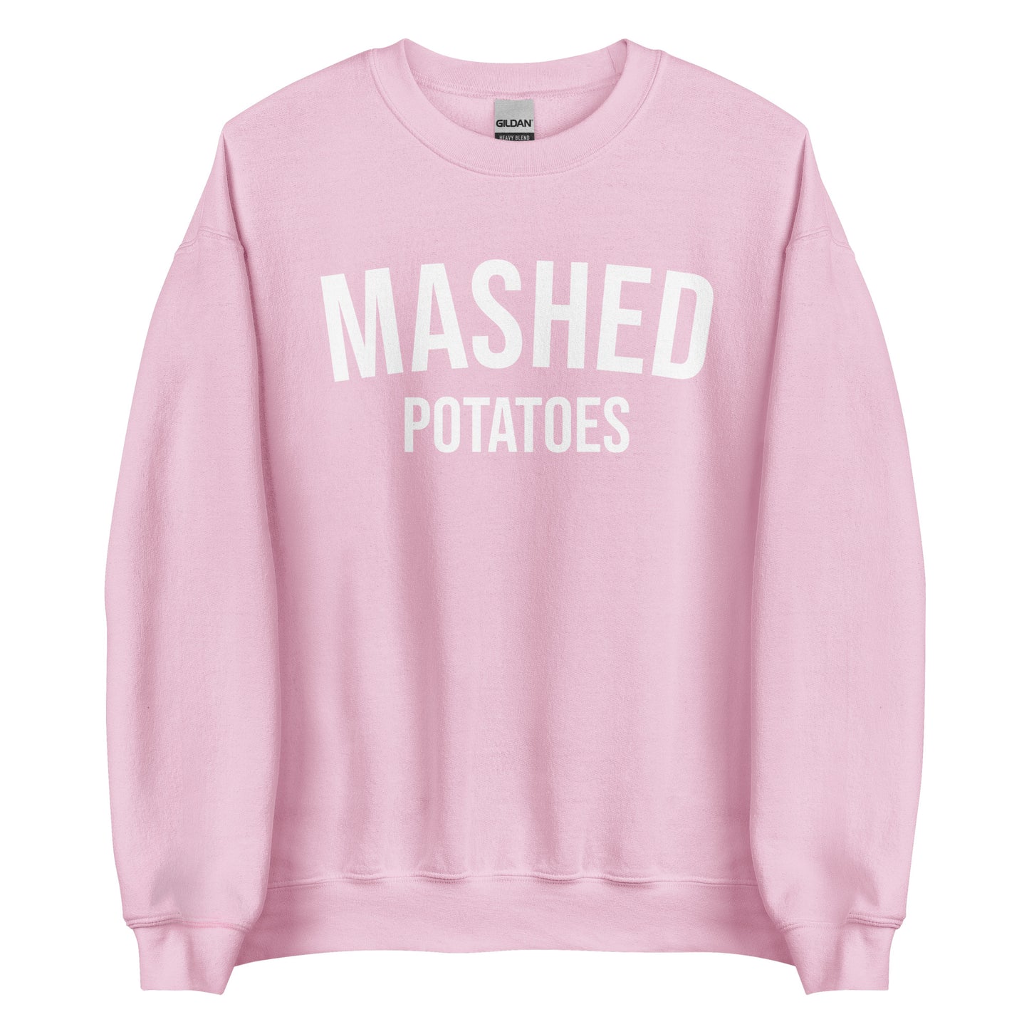 Light Pink Mashed Potatoes Crewneck Sweatshirt from Nina's Funky Shop by ninanush - Do you love mashed potatoes? Looking for a funny foodie gift for a friend? Our Mashed Potatoes Crewneck Sweatshirt is soft, comfortable and just what you need. It's a unisex, varsity style, potato lover sweatshirt with "Mashed Potatoes" on the front. Show off your love of mashed potatoes in this funny holiday food sweatshirt.