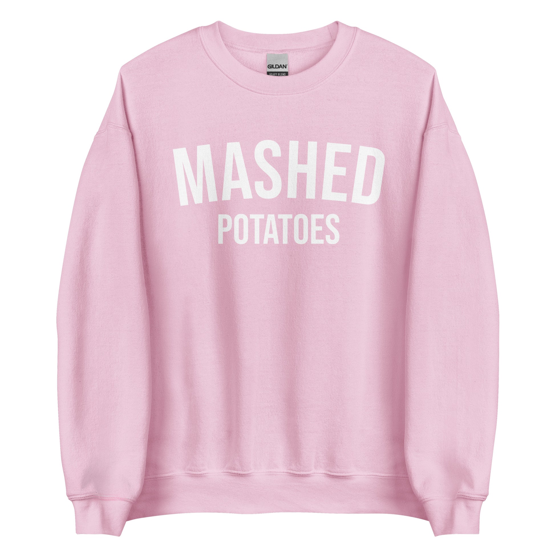 Light Pink Mashed Potatoes Crewneck Sweatshirt from Nina's Funky Shop by ninanush - Do you love mashed potatoes? Looking for a funny foodie gift for a friend? Our Mashed Potatoes Crewneck Sweatshirt is soft, comfortable and just what you need. It's a unisex, varsity style, potato lover sweatshirt with "Mashed Potatoes" on the front. Show off your love of mashed potatoes in this funny holiday food sweatshirt.