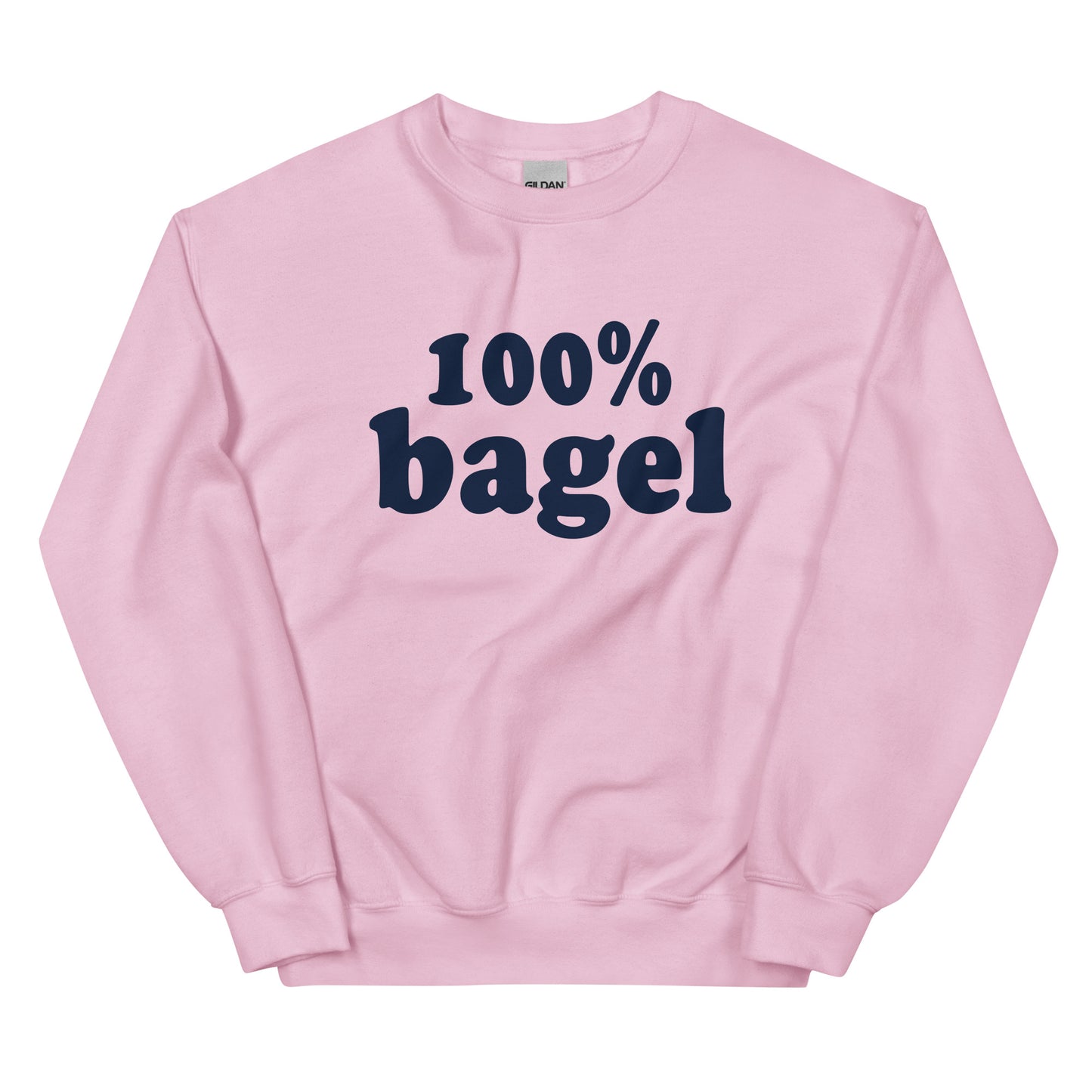 Light Pink Bagel Sweatshirt - Love bagels? Looking for a gift for a bagel enthusiast? Our 100% Bagel Sweatshirt is soft, cozy and made just for you! It's a funny sweatshirt for bagel lovers, expertly printed and perfect for everyday streetwear. Eat your favorite bagels in style in our bagel crewneck sweeatshirt. 
