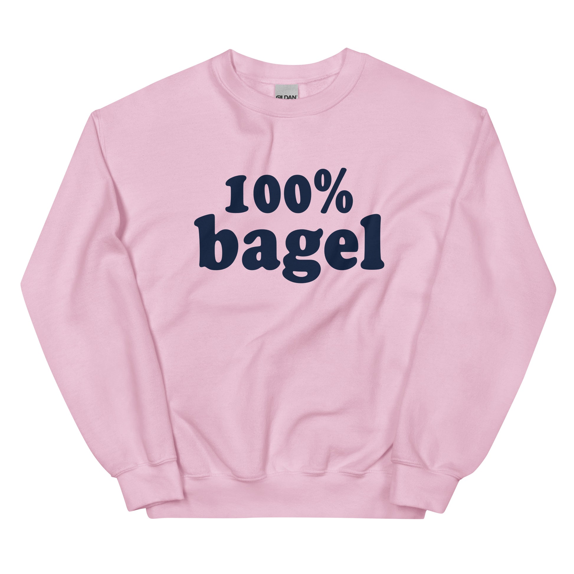 Light Pink Bagel Sweatshirt - Love bagels? Looking for a gift for a bagel enthusiast? Our 100% Bagel Sweatshirt is soft, cozy and made just for you! It's a funny sweatshirt for bagel lovers, expertly printed and perfect for everyday streetwear. Eat your favorite bagels in style in our bagel crewneck sweeatshirt. 
