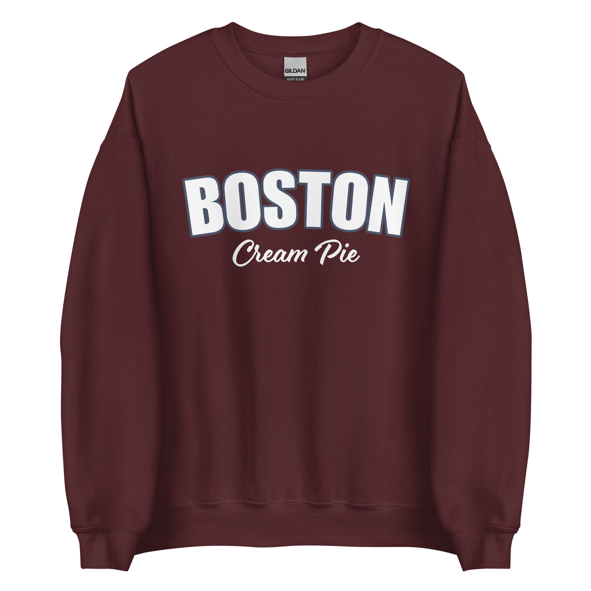Maroon Boston Cream Pie Sweatshirt from Nina's Funky Shop by ninanush - Are you a Boston cream pie enthusiast? Looking for a gift for your favorite New Englander? Introducing our Boston Cream Pie Sweatshirt! It's soft, comfortable and a funny foodie sweatshirt for pie lovers like you. This unisex, varsity sweatshirt comes in a variety of colors with the words "Boston Cream Pie", expertly printed on the front.