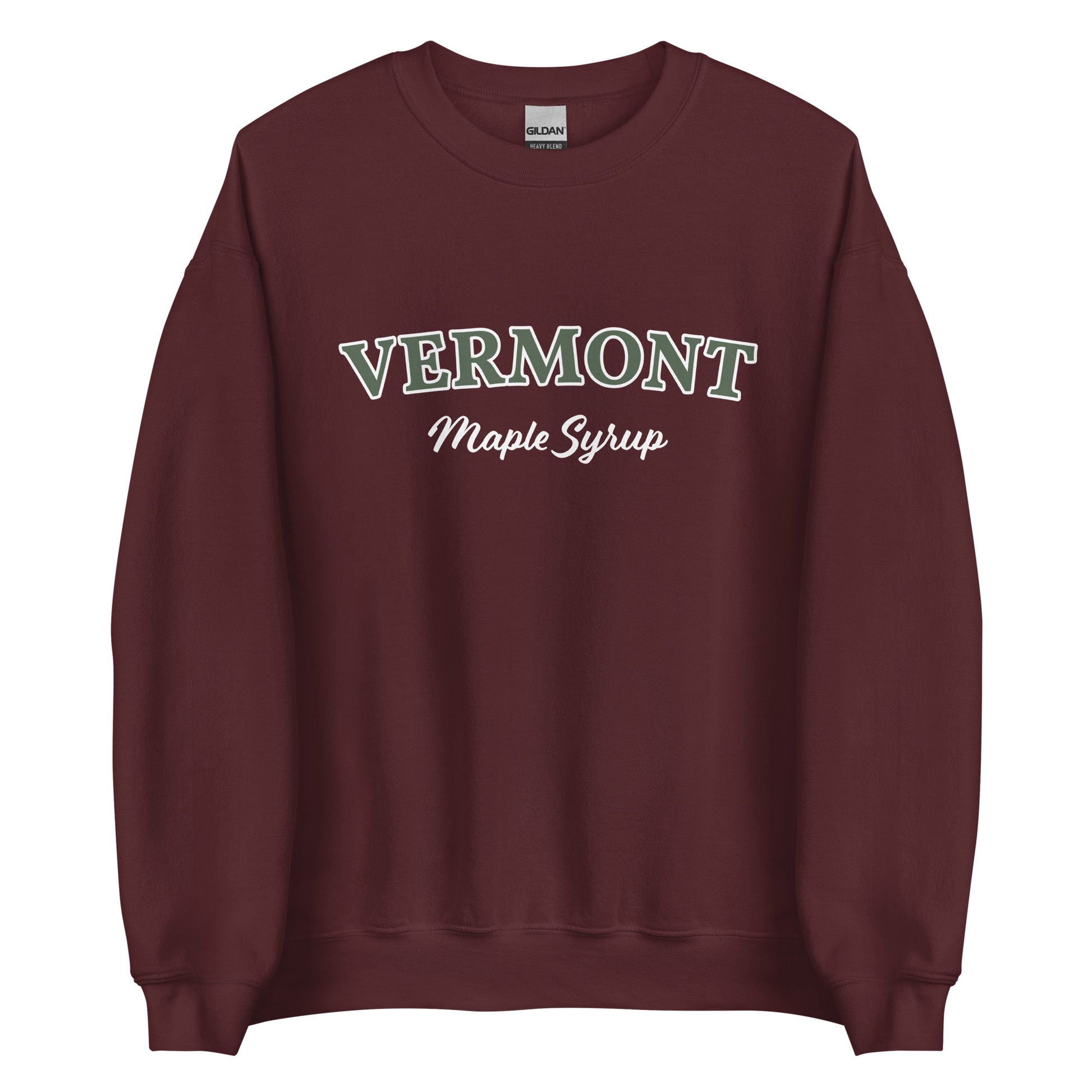 Maroon Vermont Maple Syrup Sweatshirt from Nina's Funky Shop by ninanush - Love real maple syrup? Need a fun New England Gift? Our Vermont Maple Syrup Sweatshirt is just for you. It's a funny foodie sweatshirt for maple syrup lovers and foodies of all kinds. This unisex, crew neck sweatshirt has "Vermont Maple Syrup" on the front. The perfect Vermont Sweatshirt for maple syrup enthusiasts.