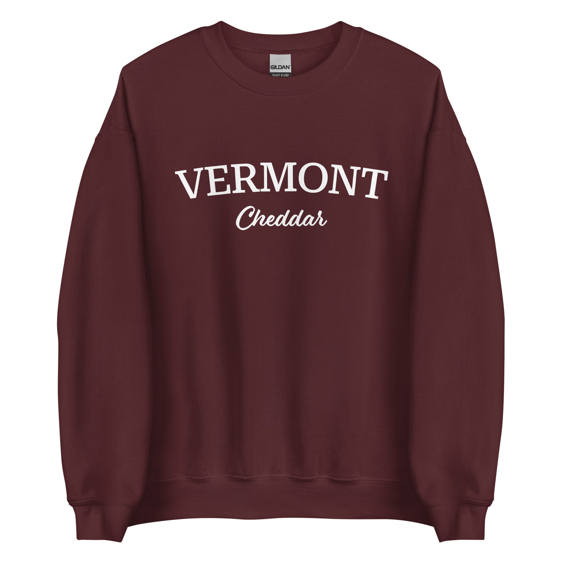 Maroon Vermont Cheddar Sweatshirt from Nina's Funky Shop by ninanush - Do you love cheddar cheese? Looking for a food themed gift? Introducing our Vermont Cheddar Sweatshirt! It's a New England foodie sweatshirt for cheddar cheese lovers like you. This Vermont varsity sweatshirt is unisex and perfect for Vermonters. It's a cheddar enthusiast sweatshirt is designed by Nina and made just for you.