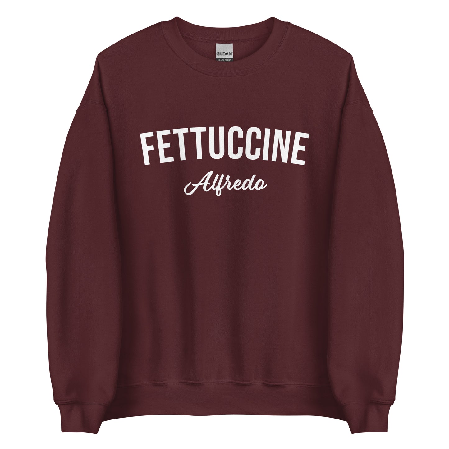 Maroon Fettuccine Alfredo Sweatshirt from Nina's Funky Shop by ninanush - Love fettuccine Alfredo? Looking for the perfect funny foodie gift? Introducing our Fettuccine Alfredo Sweatshirt. It's a unisex, varsity crew neck sweatshirt with "Fettuccine Alfredo", expertly printed on the front. For cozy nights in or stand out quirky streetwear, this pasta enthusiast sweatshirt is just what you need.