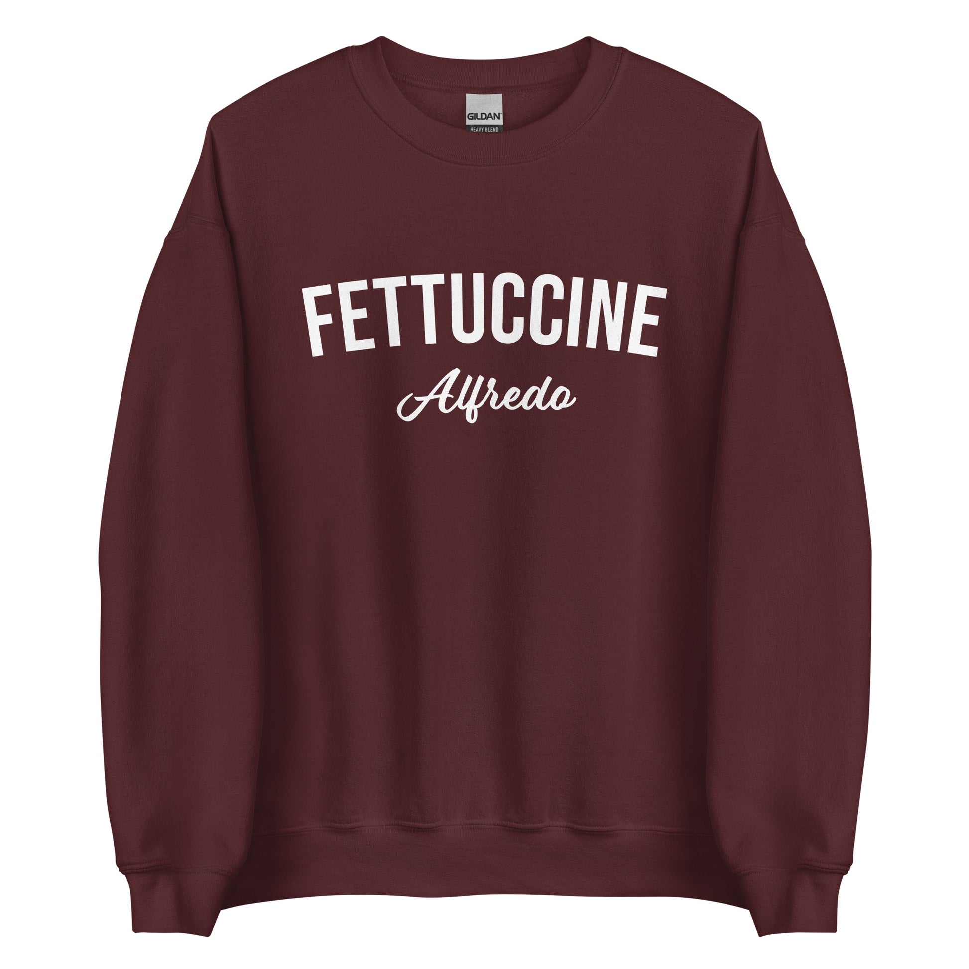 Maroon Fettuccine Alfredo Sweatshirt from Nina's Funky Shop by ninanush - Love fettuccine Alfredo? Looking for the perfect funny foodie gift? Introducing our Fettuccine Alfredo Sweatshirt. It's a unisex, varsity crew neck sweatshirt with "Fettuccine Alfredo", expertly printed on the front. For cozy nights in or stand out quirky streetwear, this pasta enthusiast sweatshirt is just what you need.