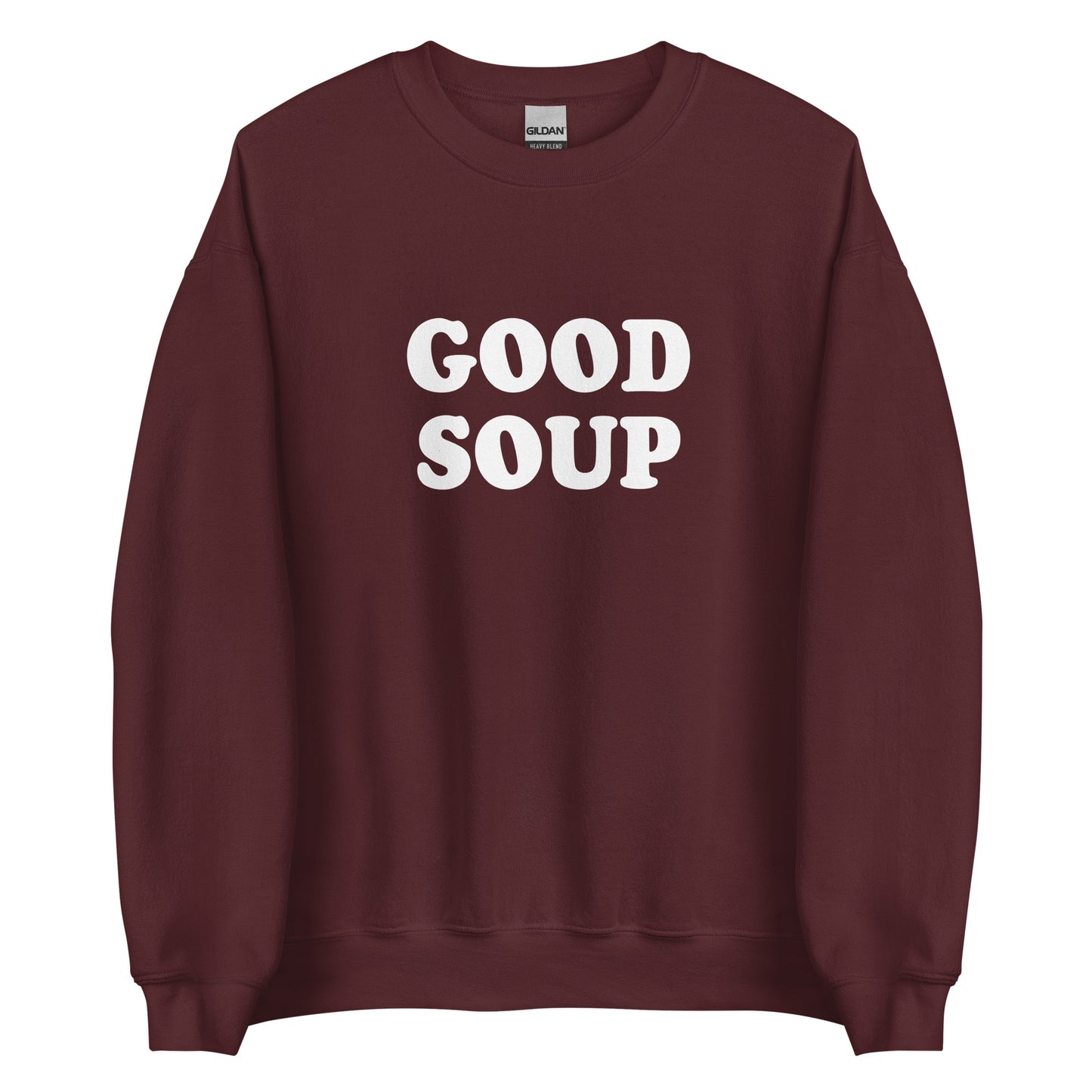Maroon Good Soup Sweatshirt from Nina's Funky Shop by ninanush - Do you love soup? Looking for a funny gift? Our Good Soup Crewneck Sweatshirt is soft, comfortable and just what you need. It's a unisex sweatshirt that comes in a variety of colors with "Good Soup", expertly printed on the front. A unique and funny sweatshirt for cozy nights in or stand out Soup Lover streetwear. This quirky sweatshirt is designed by Nina and made just for you.