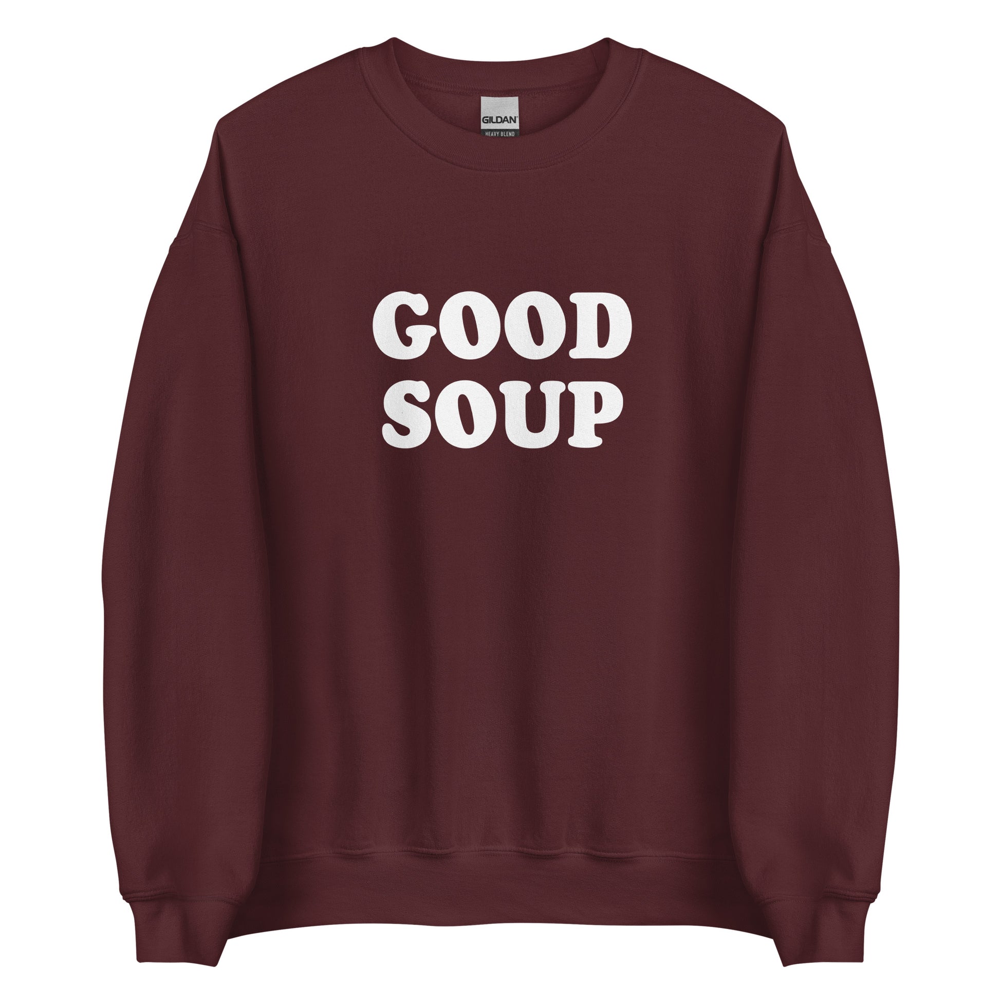 Maroon Good Soup Sweatshirt from Nina's Funky Shop by ninanush - Do you love soup? Looking for a funny gift? Our Good Soup Crewneck Sweatshirt is soft, comfortable and just what you need. It's a unisex sweatshirt that comes in a variety of colors with "Good Soup", expertly printed on the front. A unique and funny sweatshirt for cozy nights in or stand out Soup Lover streetwear. This quirky sweatshirt is designed by Nina and made just for you.