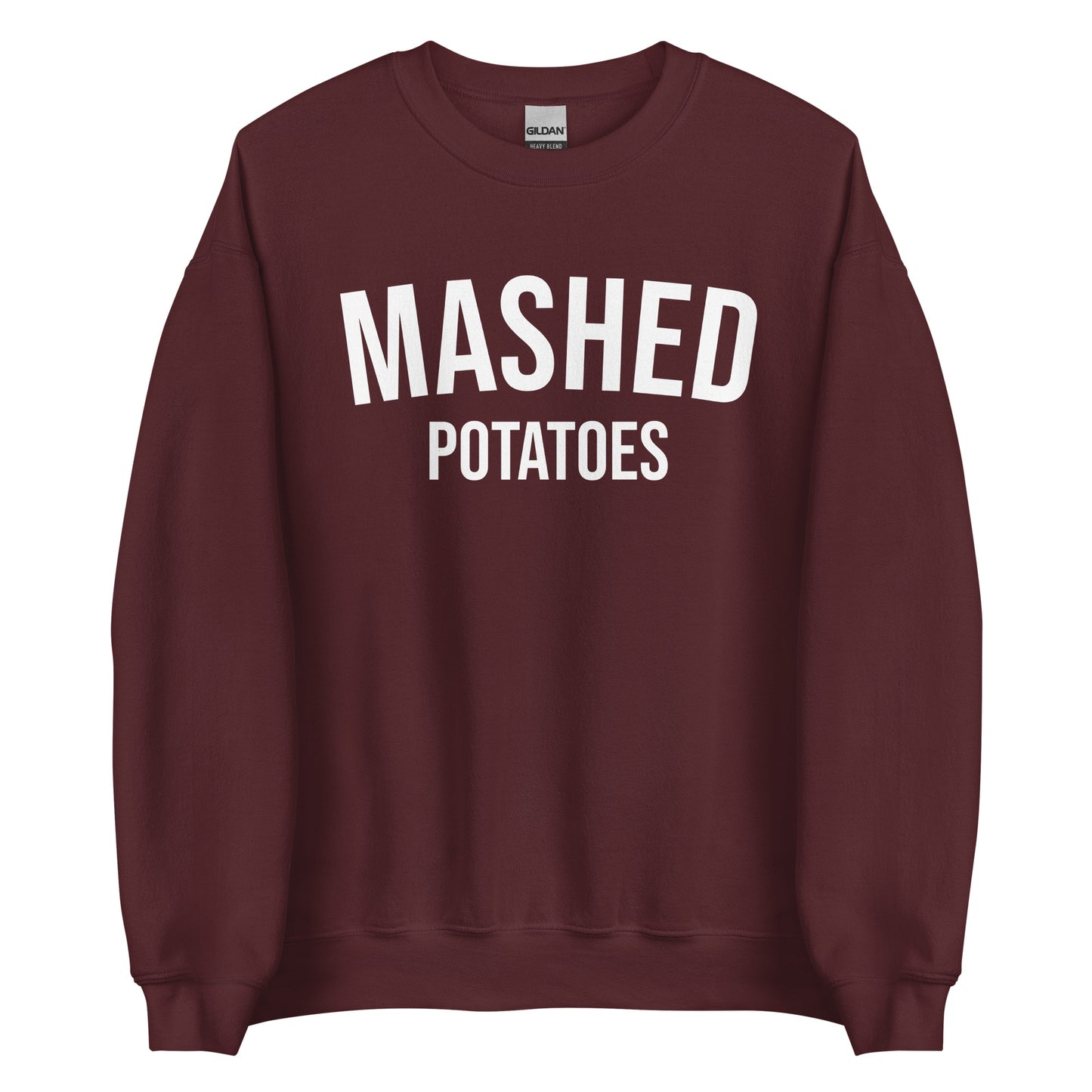 Maroon Mashed Potatoes Crewneck Sweatshirt from Nina's Funky Shop by ninanush - Do you love mashed potatoes? Looking for a funny foodie gift for a friend? Our Mashed Potatoes Crewneck Sweatshirt is soft, comfortable and just what you need. It's a unisex, varsity style, potato lover sweatshirt with "Mashed Potatoes" on the front. Show off your love of mashed potatoes in this funny holiday food sweatshirt.