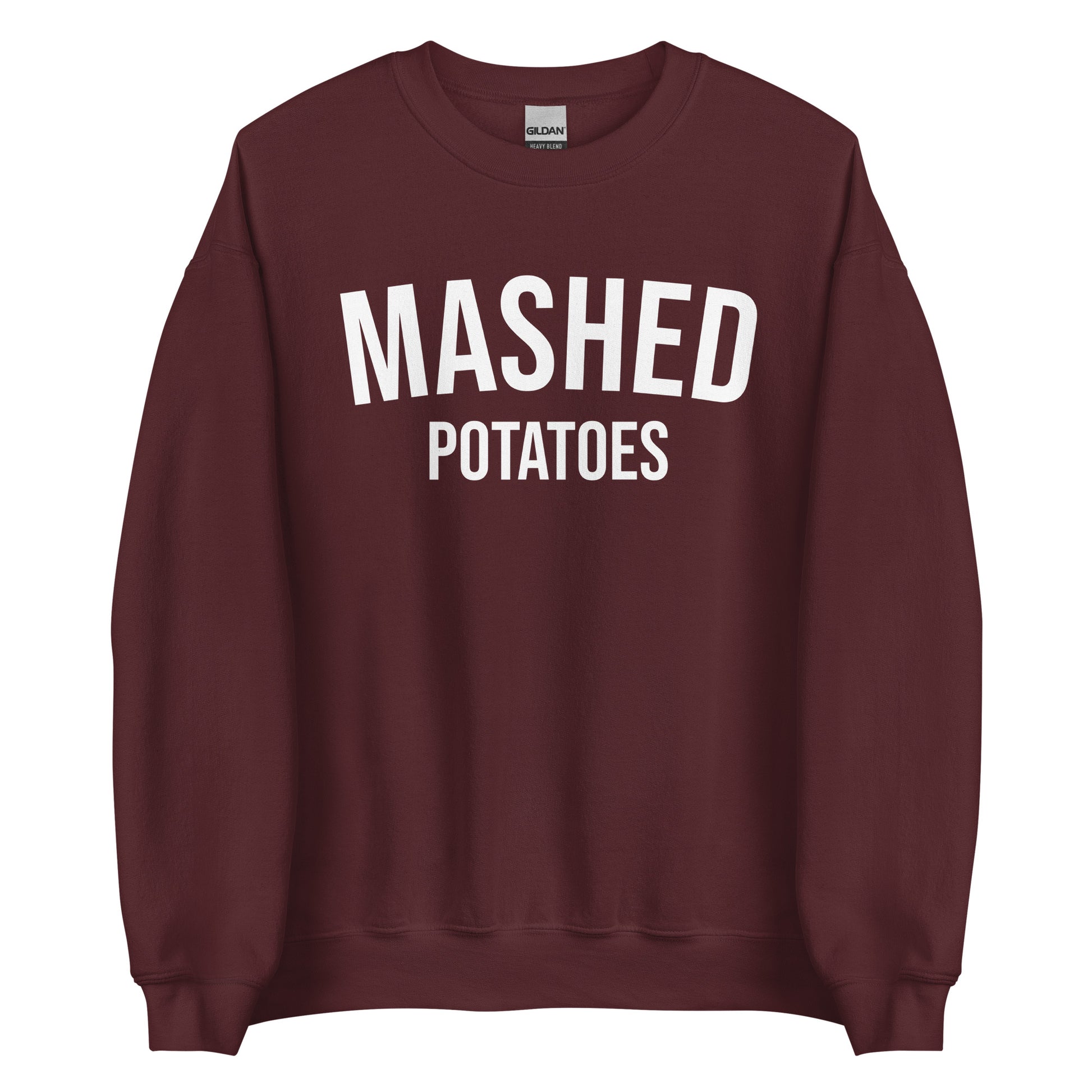 Maroon Mashed Potatoes Crewneck Sweatshirt from Nina's Funky Shop by ninanush - Do you love mashed potatoes? Looking for a funny foodie gift for a friend? Our Mashed Potatoes Crewneck Sweatshirt is soft, comfortable and just what you need. It's a unisex, varsity style, potato lover sweatshirt with "Mashed Potatoes" on the front. Show off your love of mashed potatoes in this funny holiday food sweatshirt.