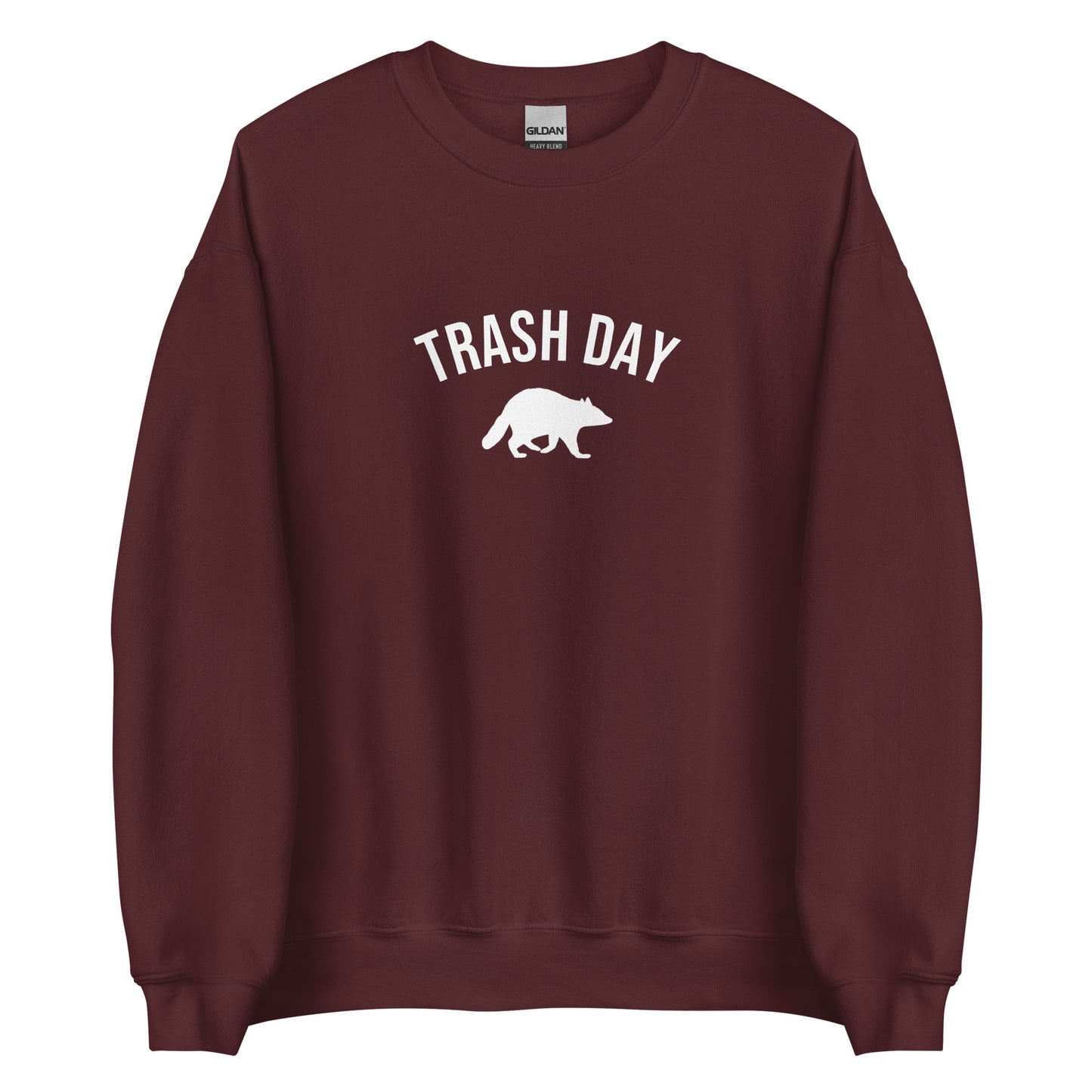 Maroon Trash Day Raccoon Sweatshirt from Nina's Funky Shop by ninanush - Live every day like it's trash day Do you love raccoons? Looking for a funny gift? Our Trash Day Raccoon Crewneck Sweatshirt is soft, comfortable and just what you need. It's a unisex raccoon sweatshirt that comes in a variety of colors with "trash day" and a raccoon silhouette, expertly printed on the front.