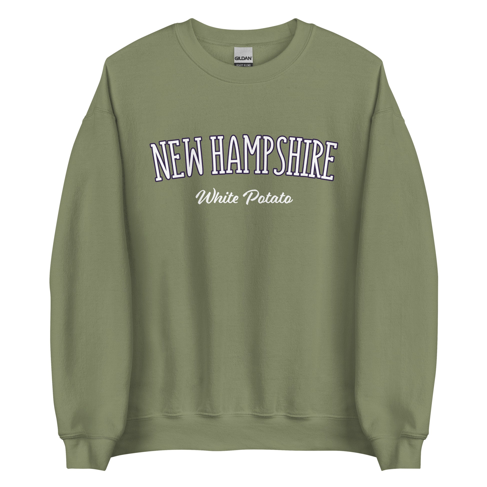 Army Green New Hampshire White Potato Sweatshirt from Nina's Funky Shop by ninanush - Do you love white potatoes? Looking for a funny New Hampshire gift? Introducing our New Hampshire White Potato Sweatshirt! It's a unique New Hampshire sweatshirt for white potato lovers and New Englanders of all kinds. This unisex, crew neck sweatshirt is perfect for cozy New England nights in or stand out streetwear.