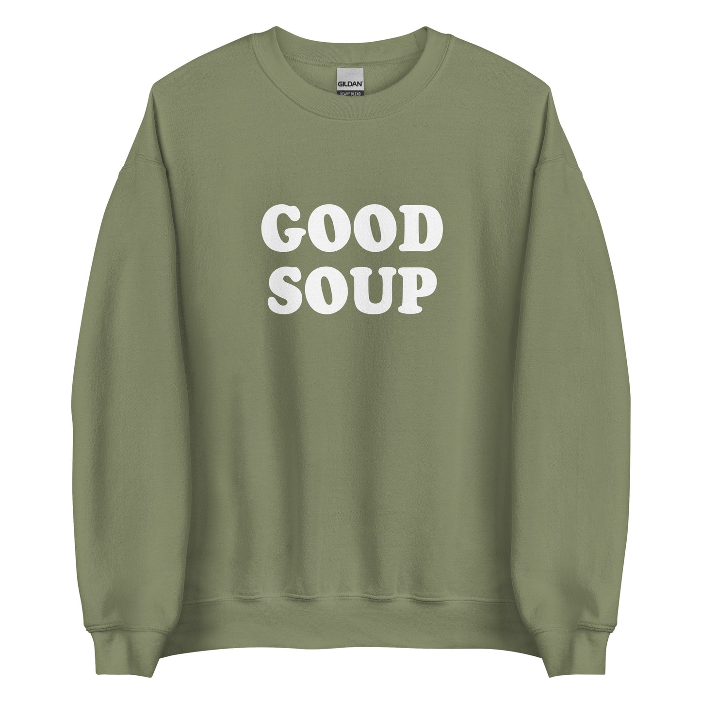 Army Green Good Soup Sweatshirt from Nina's Funky Shop by ninanush - Do you love soup? Looking for a funny gift? Our Good Soup Crewneck Sweatshirt is soft, comfortable and just what you need. It's a unisex sweatshirt that comes in a variety of colors with "Good Soup", expertly printed on the front. A unique and funny sweatshirt for cozy nights in or stand out Soup Lover streetwear. This quirky sweatshirt is designed by Nina and made just for you.