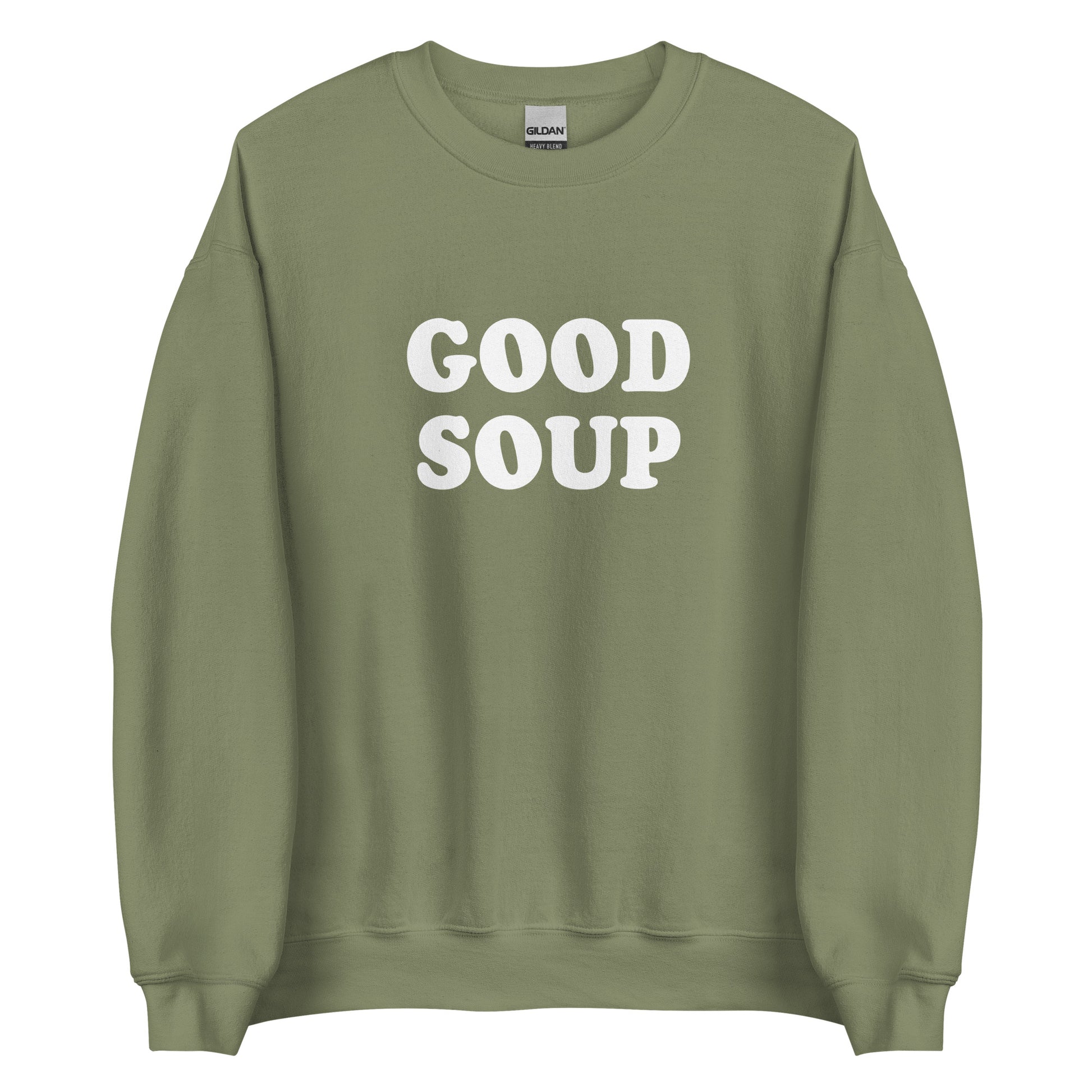 Army Green Good Soup Sweatshirt from Nina's Funky Shop by ninanush - Do you love soup? Looking for a funny gift? Our Good Soup Crewneck Sweatshirt is soft, comfortable and just what you need. It's a unisex sweatshirt that comes in a variety of colors with "Good Soup", expertly printed on the front. A unique and funny sweatshirt for cozy nights in or stand out Soup Lover streetwear. This quirky sweatshirt is designed by Nina and made just for you.