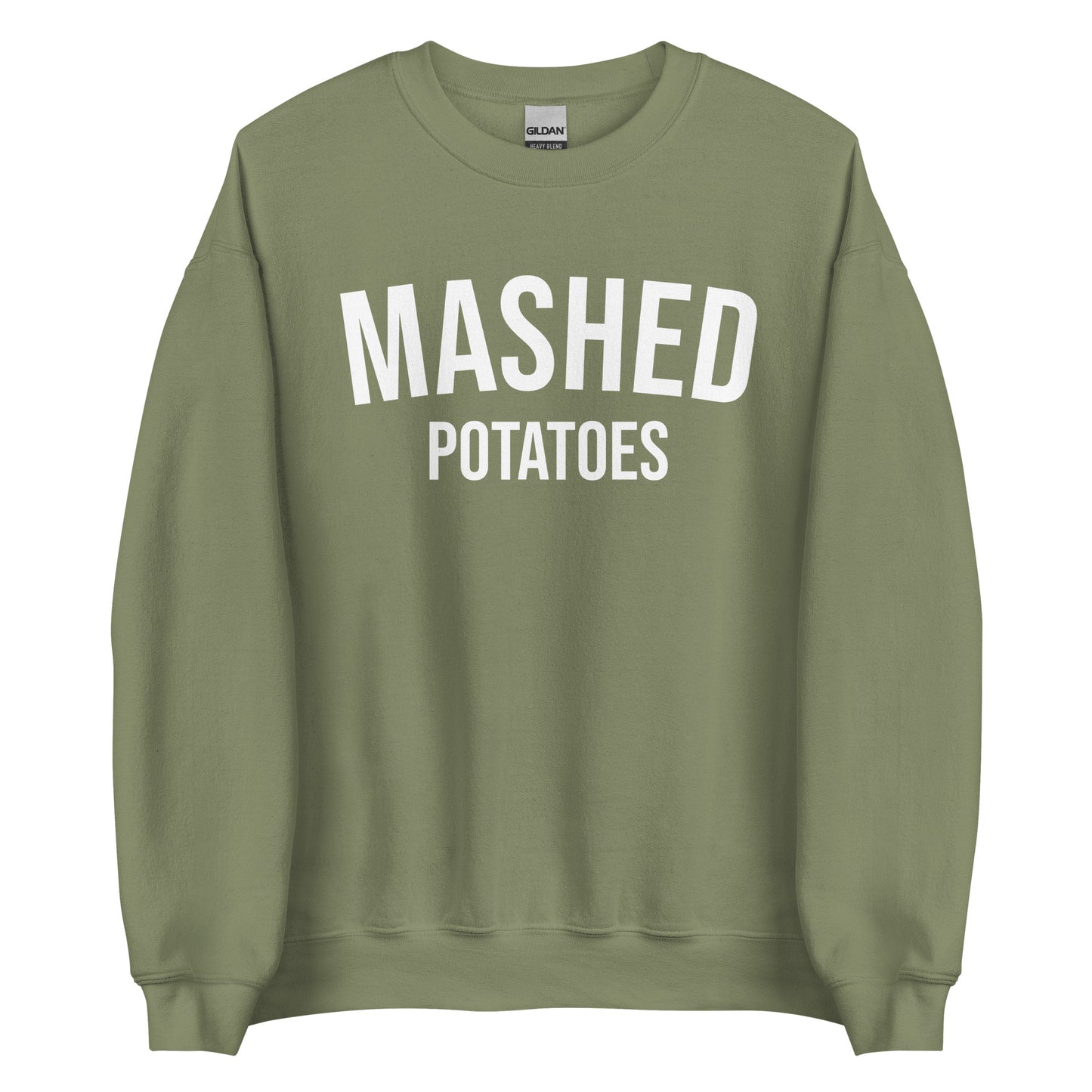 Army Green Mashed Potatoes Crewneck Sweatshirt from Nina's Funky Shop by ninanush - Do you love mashed potatoes? Looking for a funny foodie gift for a friend? Our Mashed Potatoes Crewneck Sweatshirt is soft, comfortable and just what you need. It's a unisex, varsity style, potato lover sweatshirt with "Mashed Potatoes" on the front. Show off your love of mashed potatoes in this funny holiday food sweatshirt.