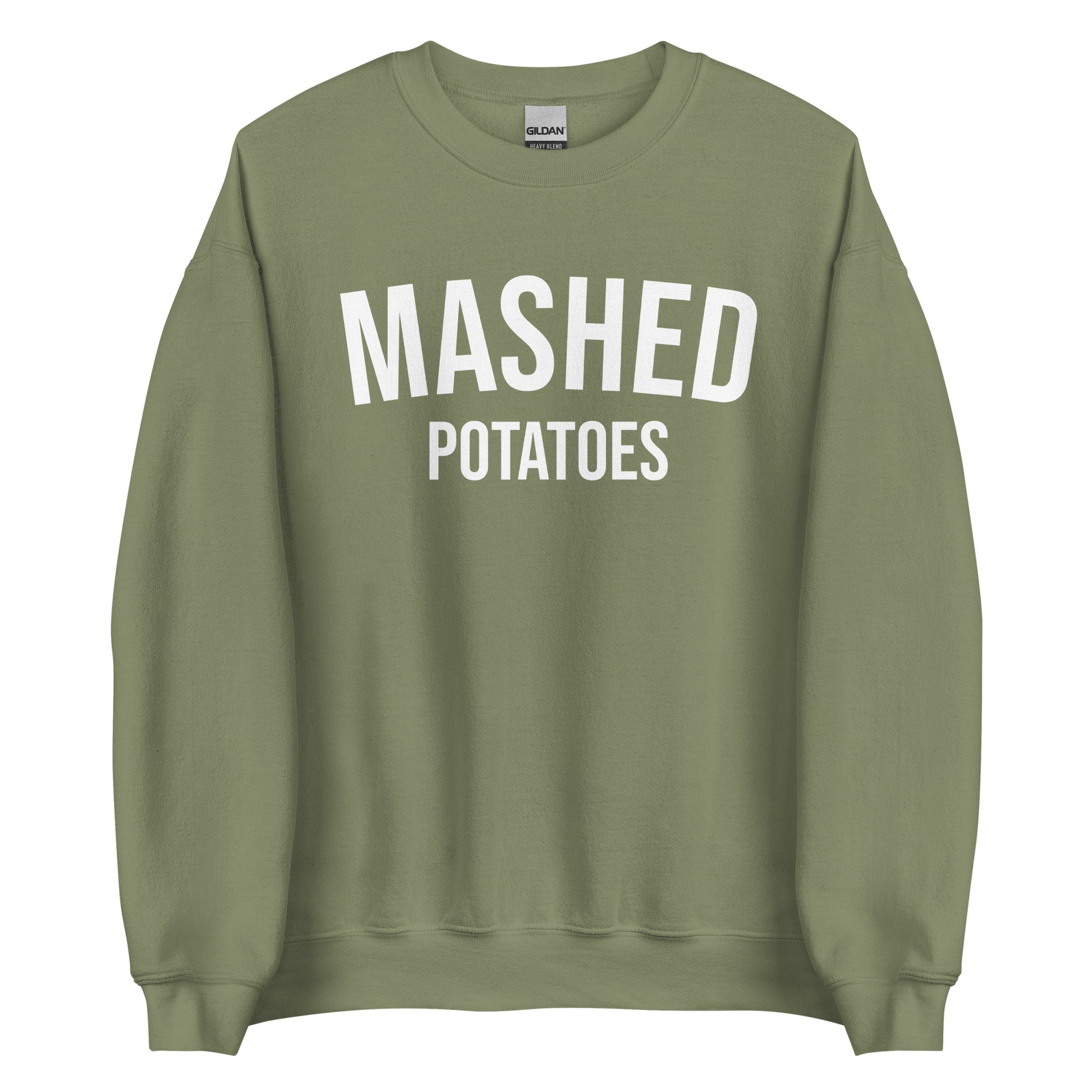 Army Green Mashed Potatoes Crewneck Sweatshirt from Nina's Funky Shop by ninanush - Do you love mashed potatoes? Looking for a funny foodie gift for a friend? Our Mashed Potatoes Crewneck Sweatshirt is soft, comfortable and just what you need. It's a unisex, varsity style, potato lover sweatshirt with "Mashed Potatoes" on the front. Show off your love of mashed potatoes in this funny holiday food sweatshirt.