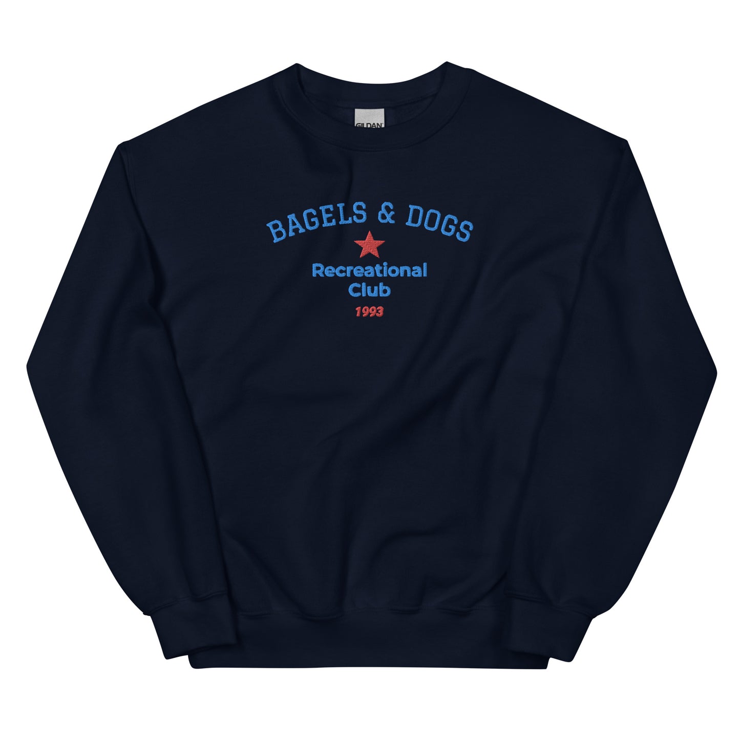 Navy bagels and dogs club sweatshirt from Nina's Funky Shop by ninanush - Do you love bagels and dogs? Looking for a funny gift for a friend? Our Bagels and Dogs Recreational Club Crewneck Sweatshirt is soft, comfortable and just what you need. It's a unisex sweatshirt that comes in a variety of colors with "Bagels And Dogs Recreational Club 1993", expertly embroidered on the front.