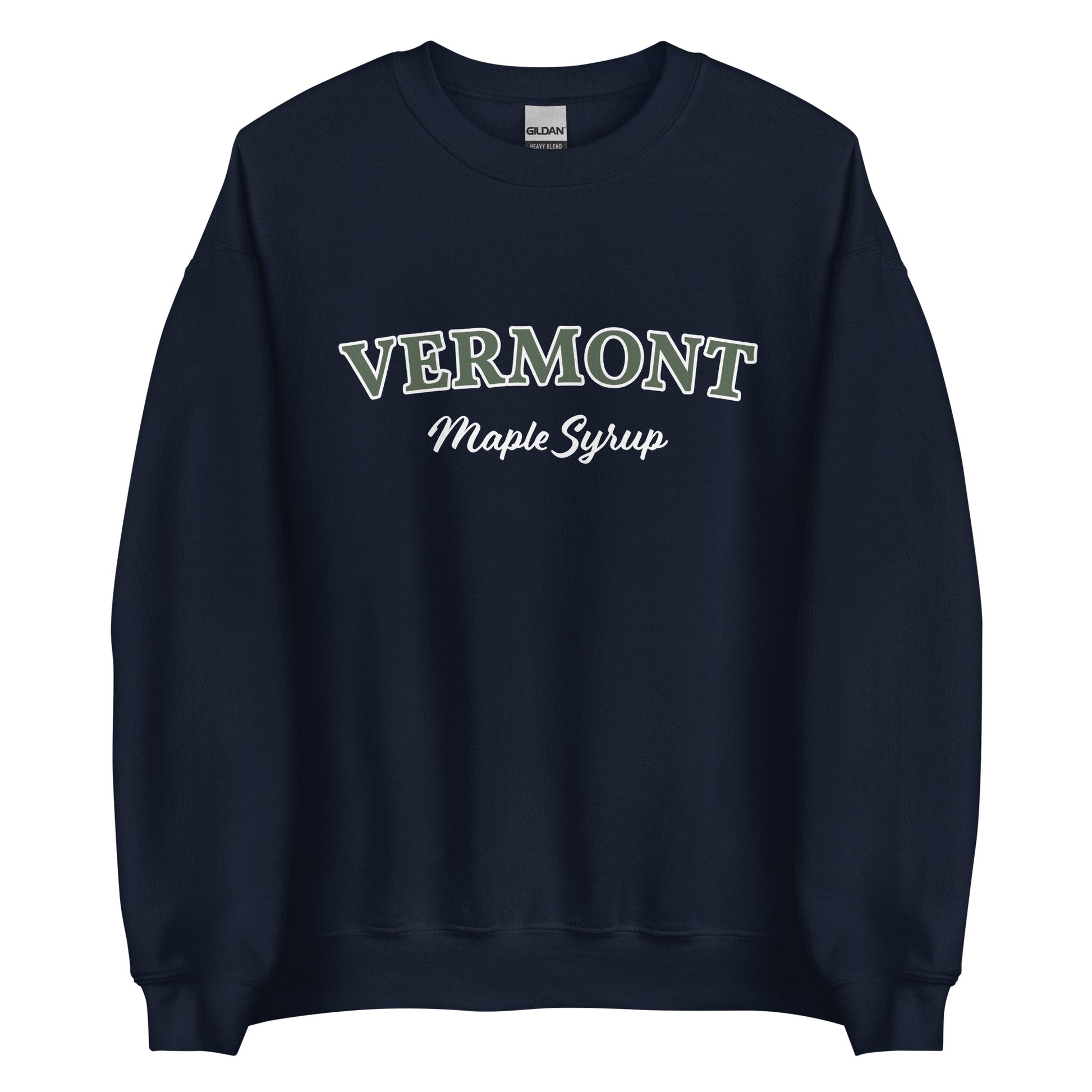 Navy Vermont Maple Syrup Sweatshirt from Nina's Funky Shop by ninanush - Love real maple syrup? Need a fun New England Gift? Our Vermont Maple Syrup Sweatshirt is just for you. It's a funny foodie sweatshirt for maple syrup lovers and foodies of all kinds. This unisex, crew neck sweatshirt has "Vermont Maple Syrup" on the front. The perfect Vermont Sweatshirt for maple syrup enthusiasts.