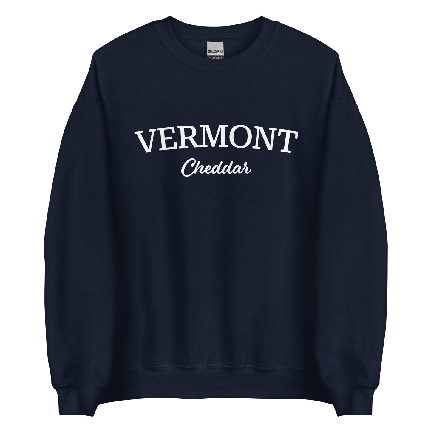 Navy Vermont Cheddar Sweatshirt from Nina's Funky Shop by ninanush - Do you love cheddar cheese? Looking for a food themed gift? Introducing our Vermont Cheddar Sweatshirt! It's a New England foodie sweatshirt for cheddar cheese lovers like you. This Vermont varsity sweatshirt is unisex and perfect for Vermonters. It's a cheddar enthusiast sweatshirt is designed by Nina and made just for you.
