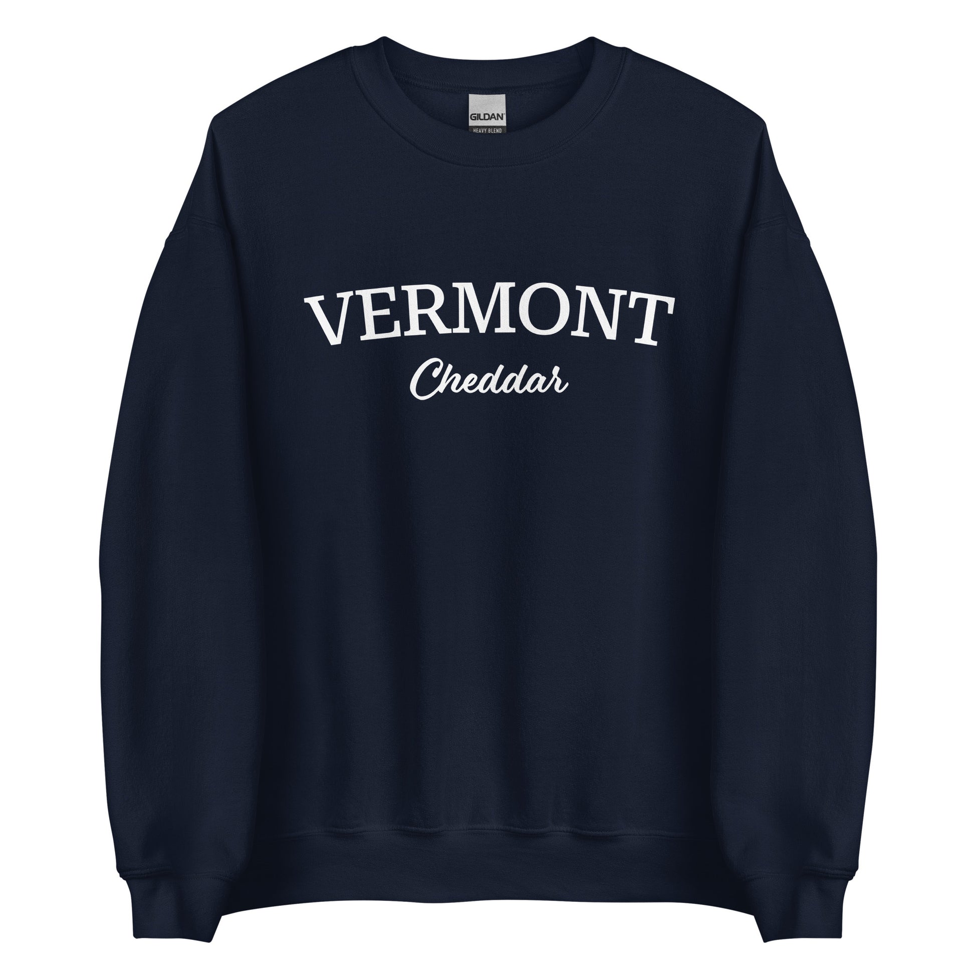 Navy Vermont Cheddar Sweatshirt from Nina's Funky Shop by ninanush - Do you love cheddar cheese? Looking for a food themed gift? Introducing our Vermont Cheddar Sweatshirt! It's a New England foodie sweatshirt for cheddar cheese lovers like you. This Vermont varsity sweatshirt is unisex and perfect for Vermonters. It's a cheddar enthusiast sweatshirt is designed by Nina and made just for you.