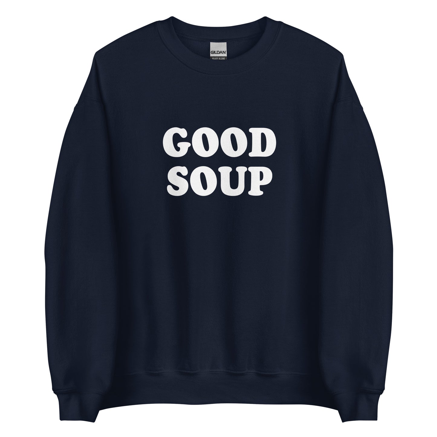 Navy Good Soup Sweatshirt from Nina's Funky Shop by ninanush - Do you love soup? Looking for a funny gift? Our Good Soup Crewneck Sweatshirt is soft, comfortable and just what you need. It's a unisex sweatshirt that comes in a variety of colors with "Good Soup", expertly printed on the front. A unique and funny sweatshirt for cozy nights in or stand out Soup Lover streetwear. This quirky sweatshirt is designed by Nina and made just for you.