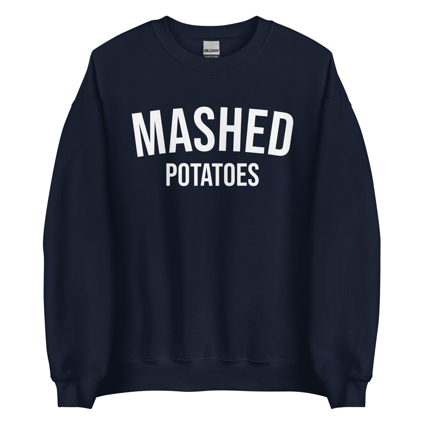 Navy Mashed Potatoes Crewneck Sweatshirt from Nina's Funky Shop by ninanush - Do you love mashed potatoes? Looking for a funny foodie gift for a friend? Our Mashed Potatoes Crewneck Sweatshirt is soft, comfortable and just what you need. It's a unisex, varsity style, potato lover sweatshirt with "Mashed Potatoes" on the front. Show off your love of mashed potatoes in this funny holiday food sweatshirt.