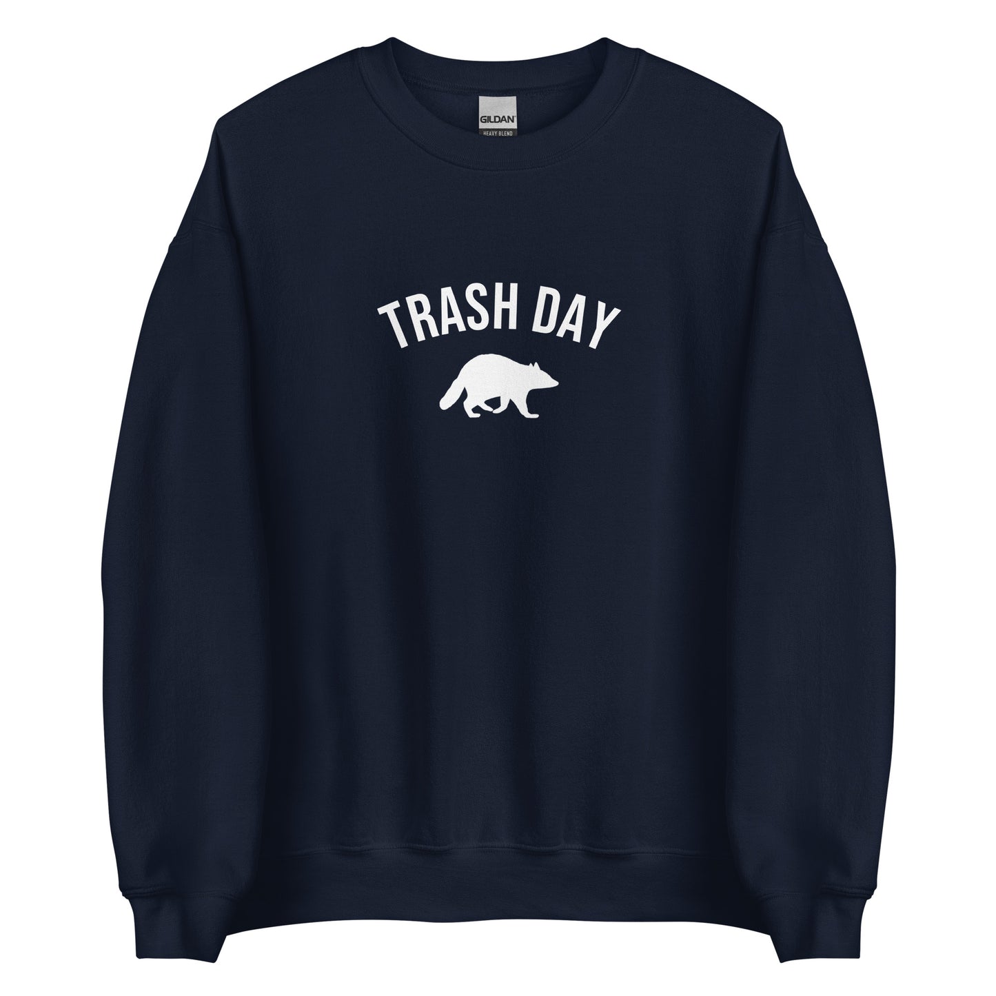Navy Trash Day Raccoon Sweatshirt from Nina's Funky Shop by ninanush - Live every day like it's trash day Do you love raccoons? Looking for a funny gift? Our Trash Day Raccoon Crewneck Sweatshirt is soft, comfortable and just what you need. It's a unisex raccoon sweatshirt that comes in a variety of colors with "trash day" and a raccoon silhouette, expertly printed on the front.