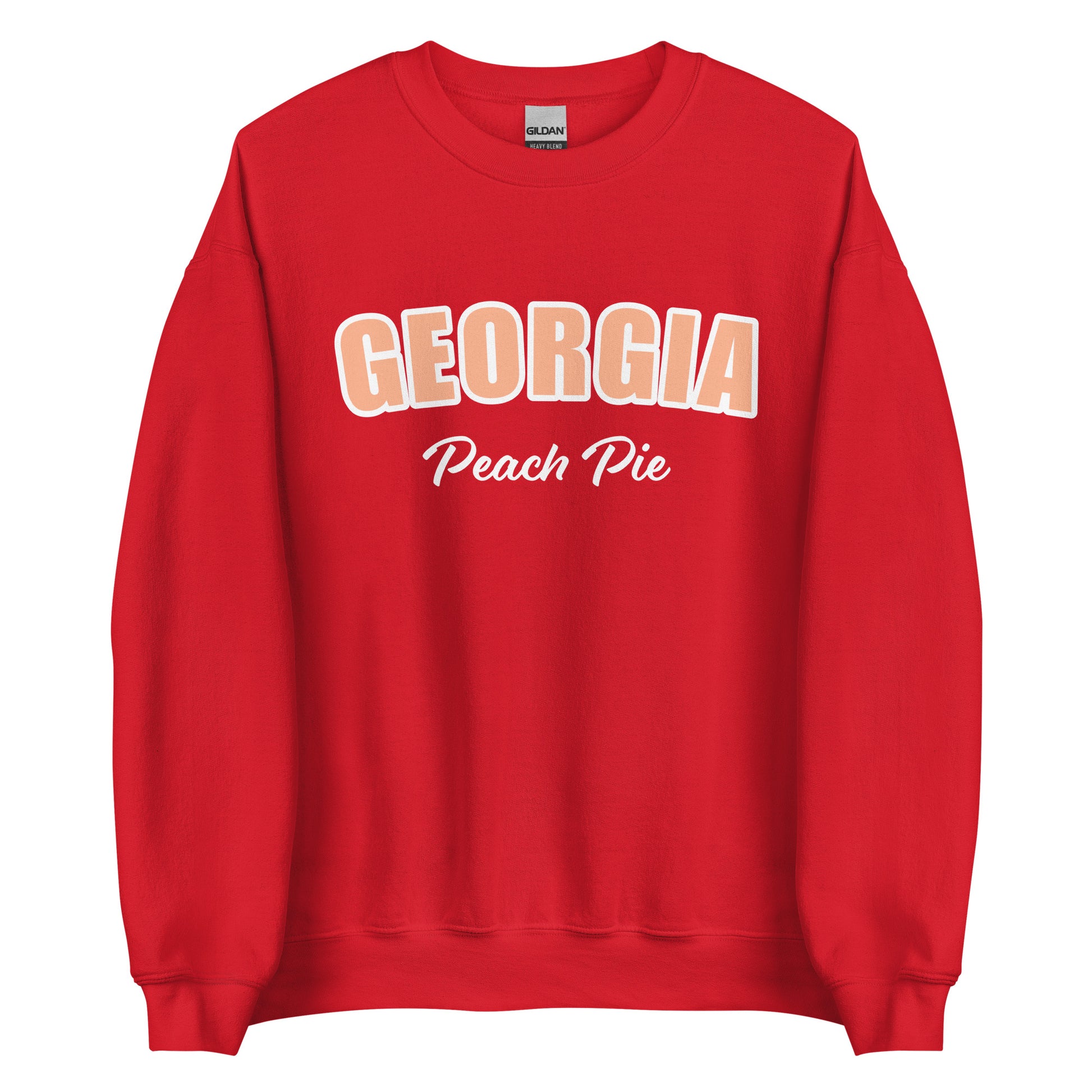 Red Georgia Peach Pie Sweatshirt from Nina's Funky Shop by ninanush - Do you love peach pie? Our Georgia Peach Pie Sweatshirt is just what you need. It's a funny foodie sweatshirt for peach pie lovers like you. This unisex, crew neck sweatshirt comes in a variety of colors with the words "Georgia Peach Pie", expertly printed on the front. The perfect Sweatshirt for peach pie enthusiasts.