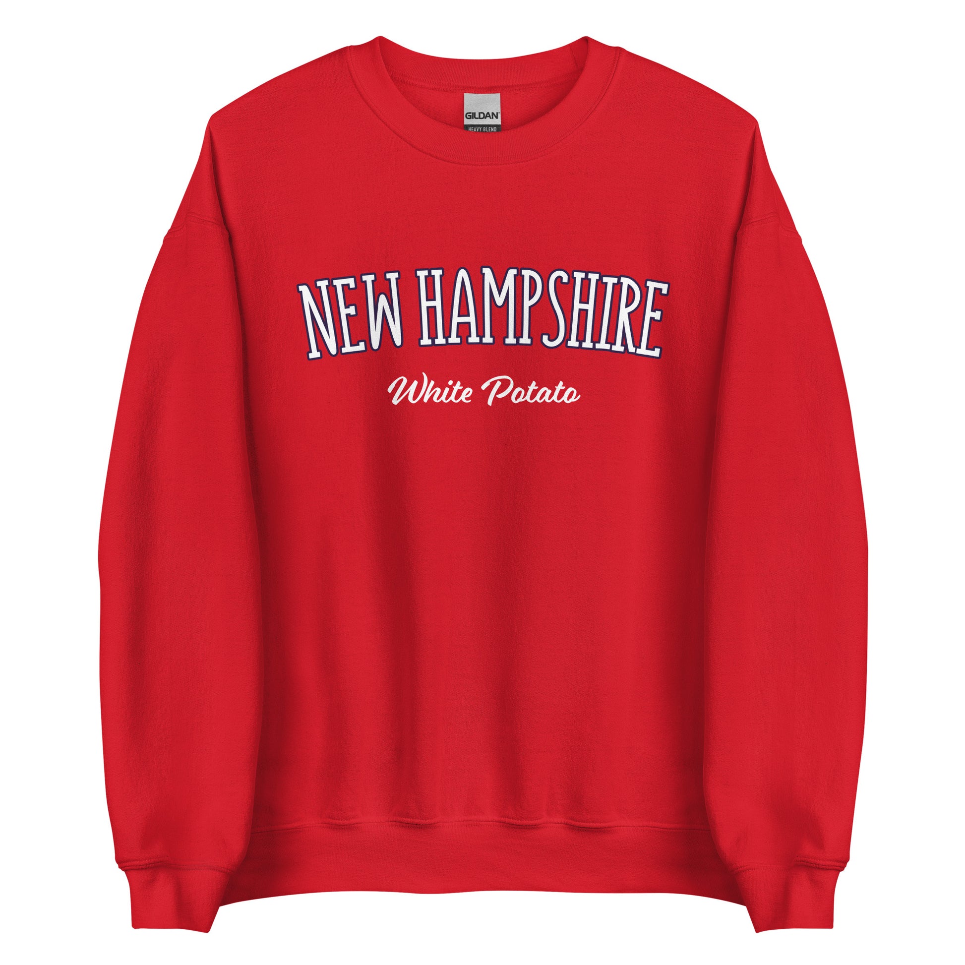 Red New Hampshire White Potato Sweatshirt from Nina's Funky Shop by ninanush - Do you love white potatoes? Looking for a funny New Hampshire gift? Introducing our New Hampshire White Potato Sweatshirt! It's a unique New Hampshire sweatshirt for white potato lovers and New Englanders of all kinds. This unisex, crew neck sweatshirt is perfect for cozy New England nights in or stand out streetwear.