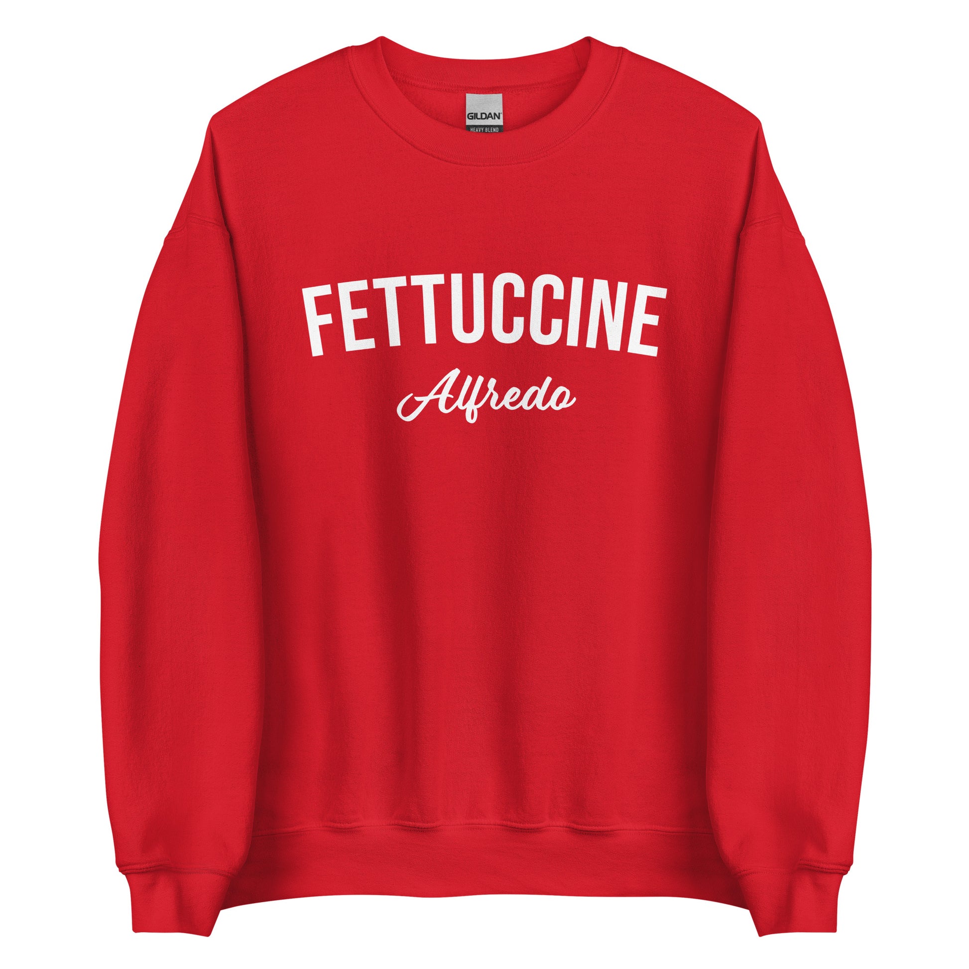 Red Fettuccine Alfredo Sweatshirt from Nina's Funky Shop by ninanush - Love fettuccine Alfredo? Looking for the perfect funny foodie gift? Introducing our Fettuccine Alfredo Sweatshirt. It's a unisex, varsity crew neck sweatshirt with "Fettuccine Alfredo", expertly printed on the front. For cozy nights in or stand out quirky streetwear, this pasta enthusiast sweatshirt is just what you need.