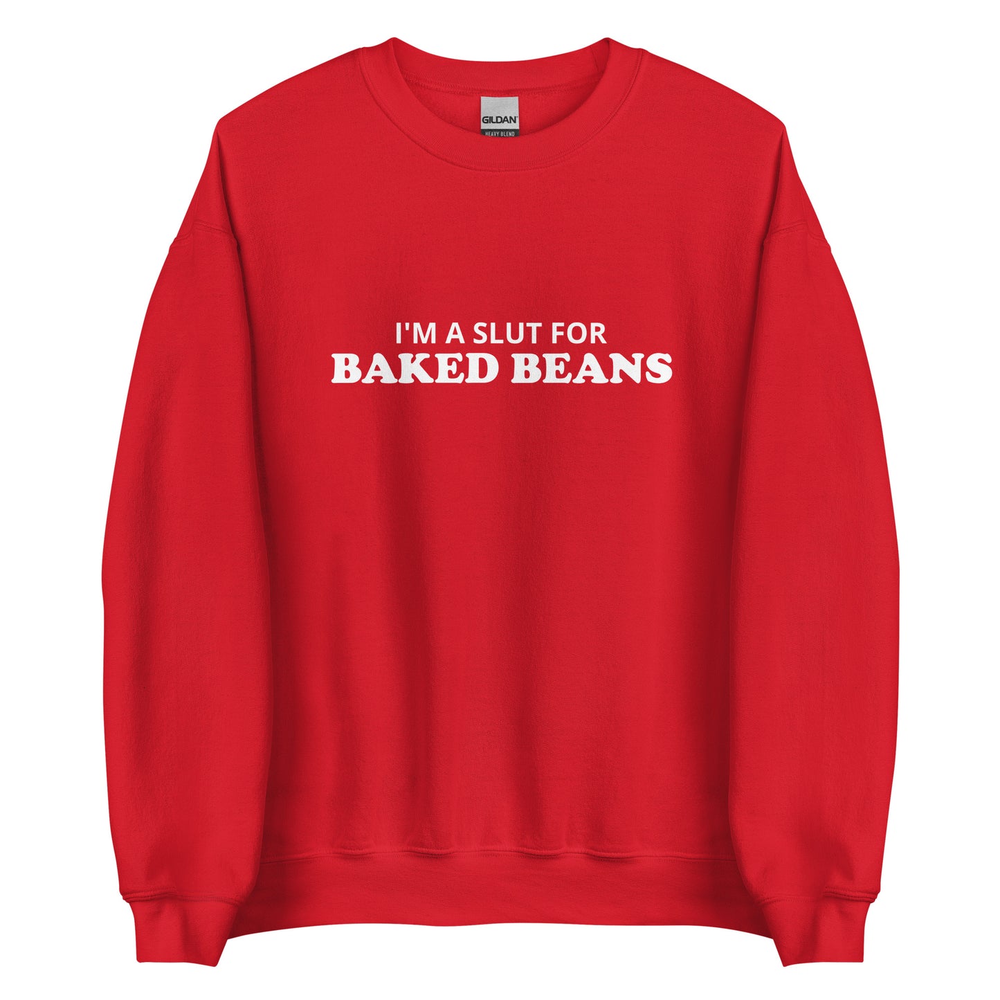 Red I'm A Slut For Baked Beans Sweatshirt from Nina's Funky Shop by Ninanush - Do you love baked beans? Looking for a funny foodie gift? Our Slut For Baked Beans Crew Neck Sweatshirt is soft, comfortable and just what you need. It's a unisex foodie sweatshirt that comes in a variety of colors with "I'm A Slut For Baked Beans", expertly printed on the front. This baked beans enthusiast sweatshirt was designed by Nina and made just for you.